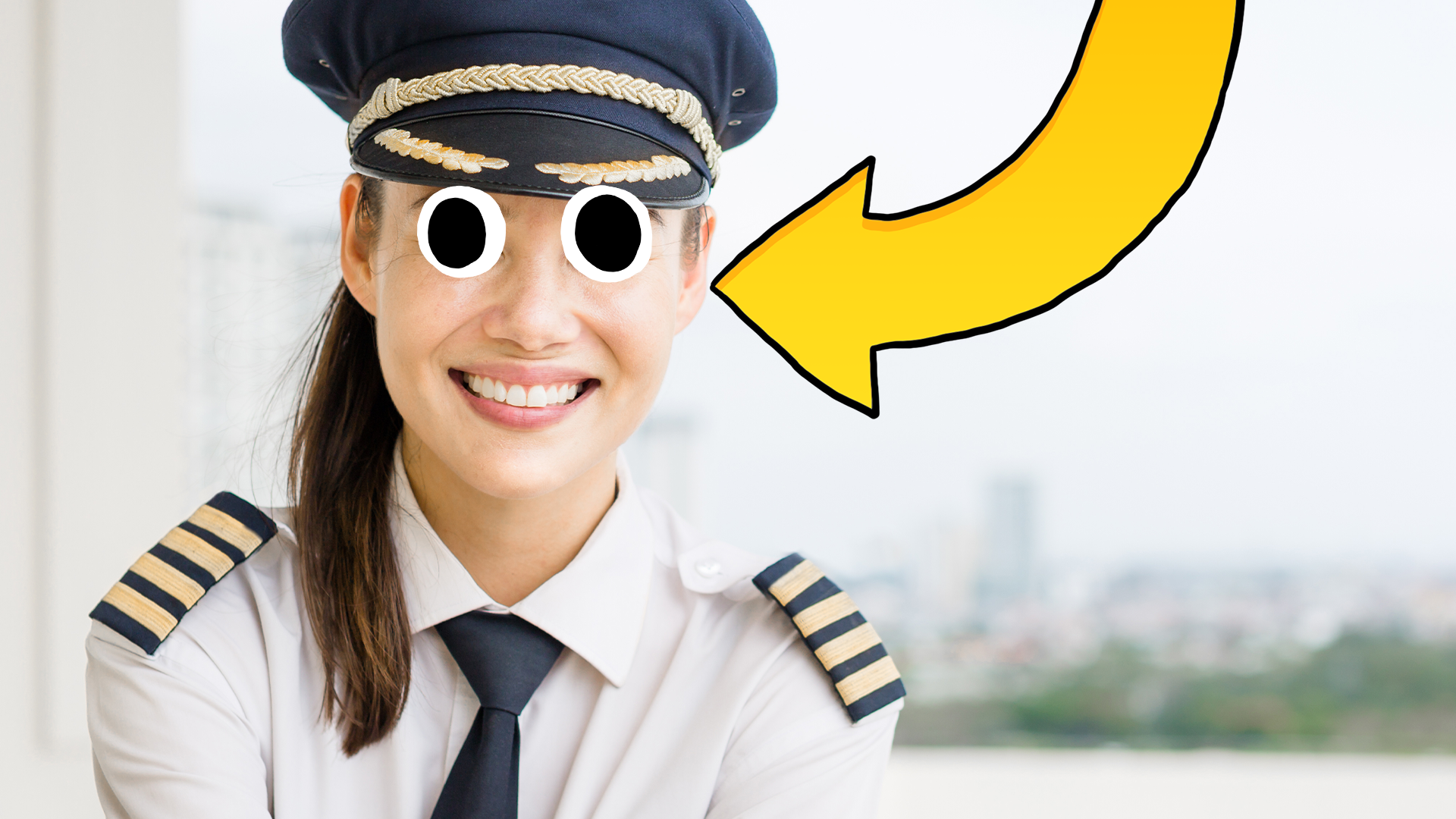 Smiling female pilot with Beano arrow 