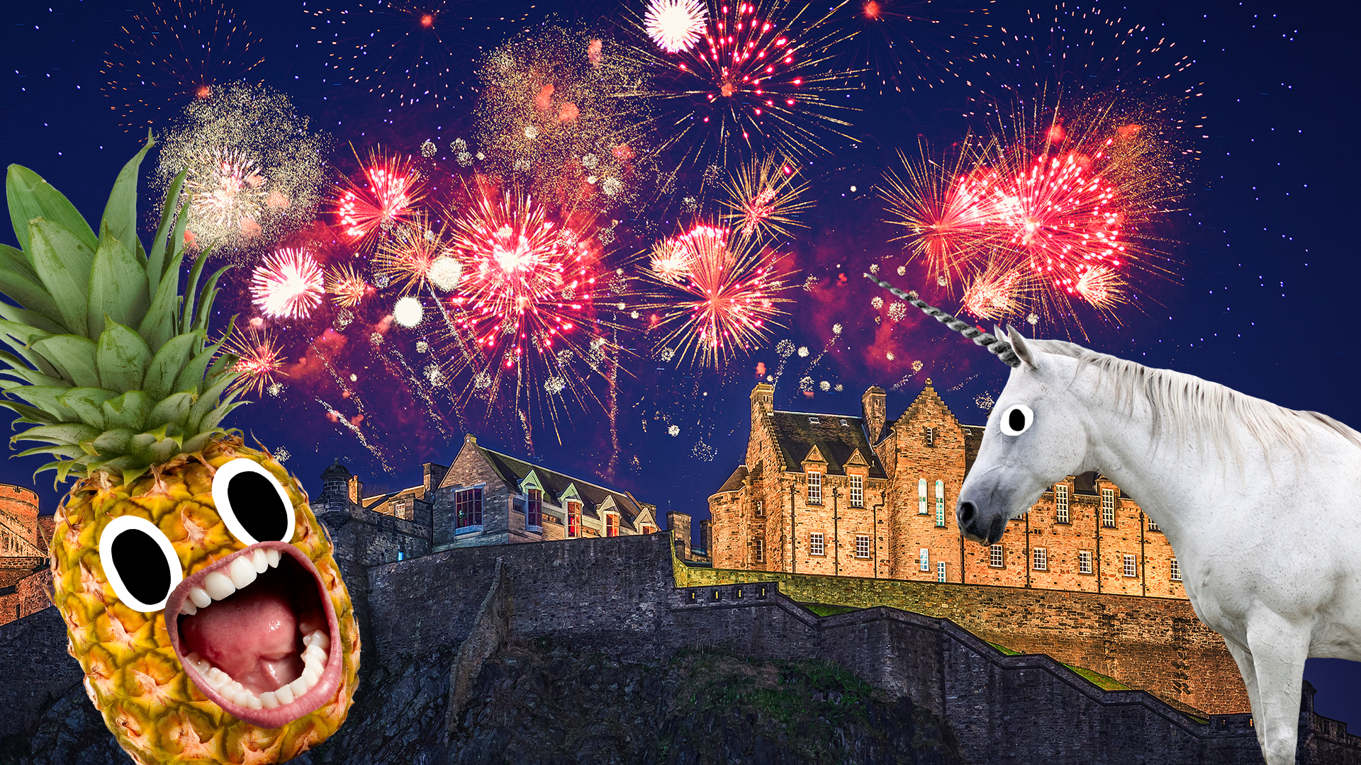 Edinburgh castle, fireworks, pineapple and unicorn