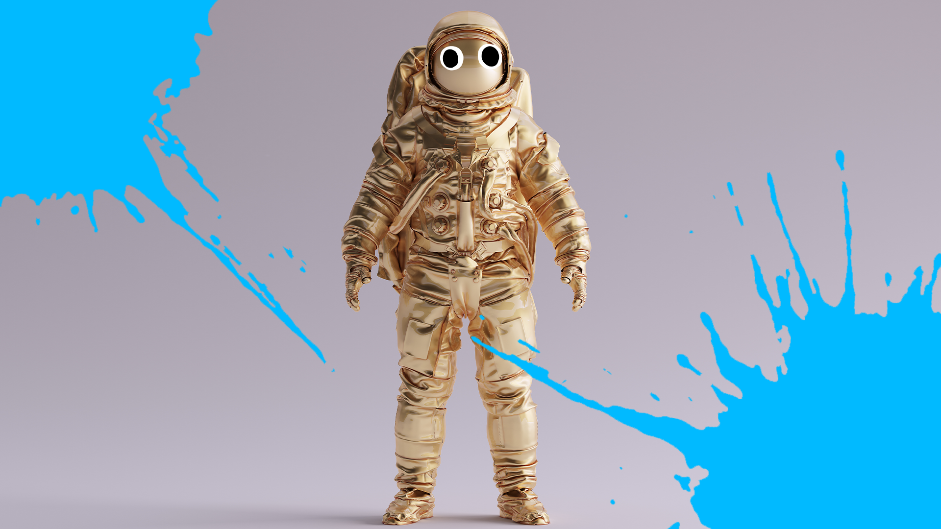Astronaut statue on grey background with blue splats 