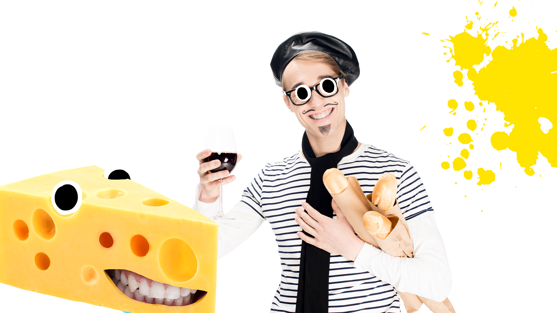 Stereotypical French guy on white background with yellow splat and Beano cheese