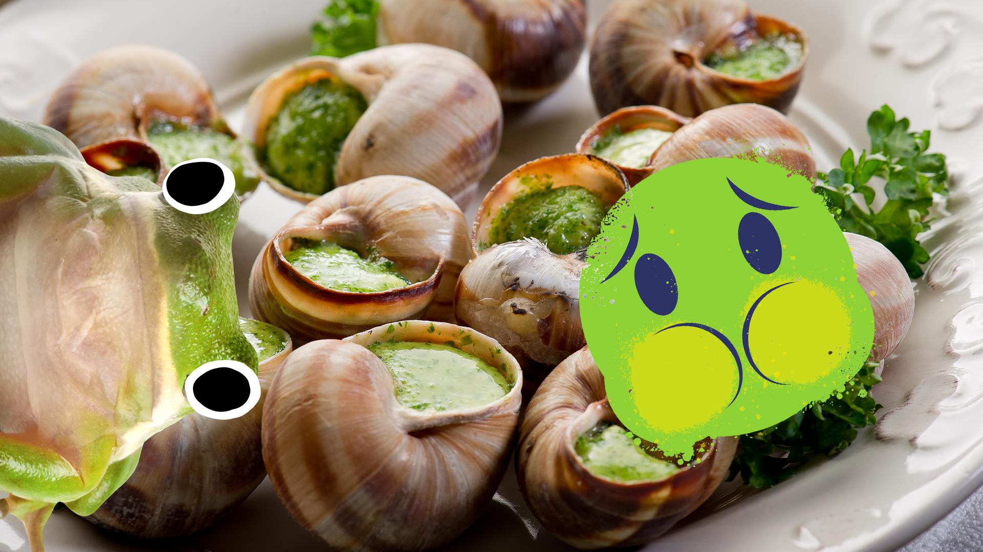Snails on plate with sick emoji and Beano frog