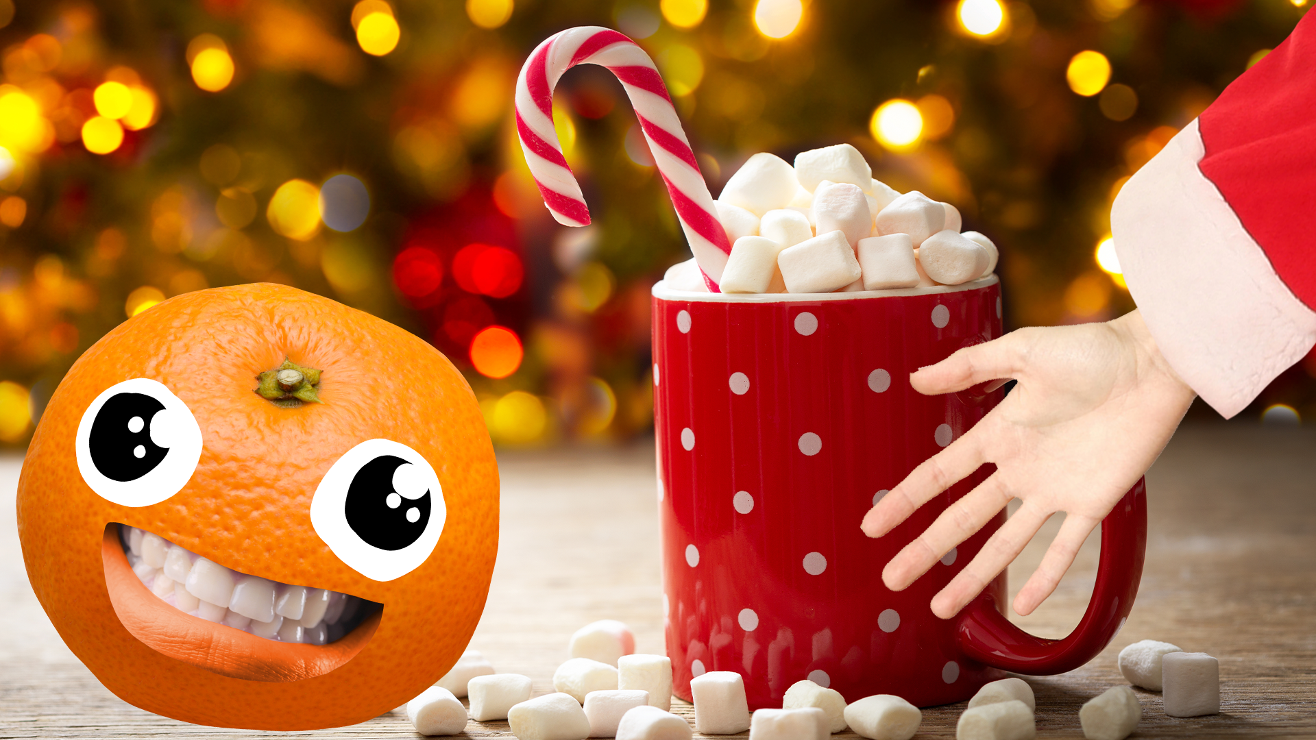 Happy satsuma, santa arm and Christmas drink on Christmas background