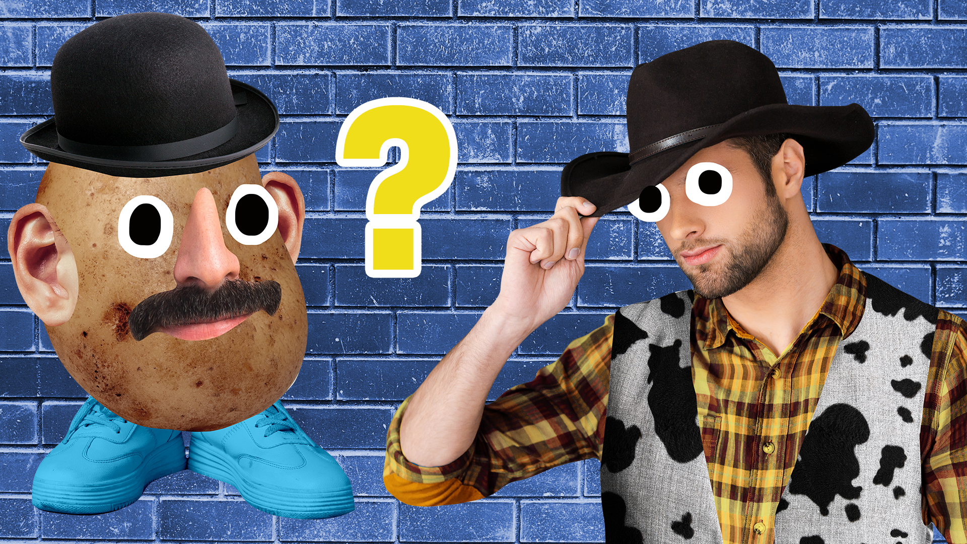 Beano Woody and Mr. Potato head with question mark on blue brick background
