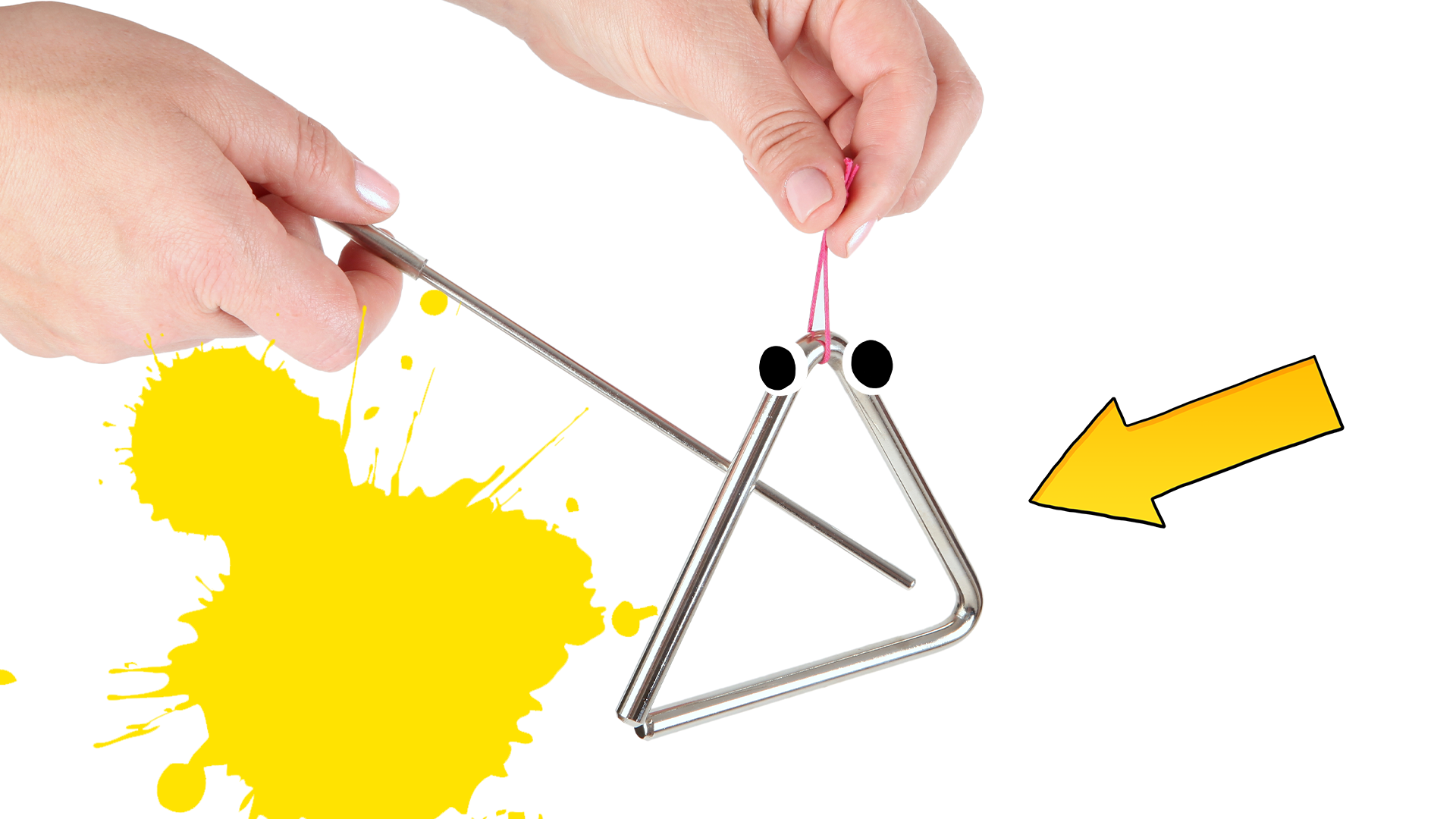 Hand playing triangle with eyes on white background with yellow splat and arrow