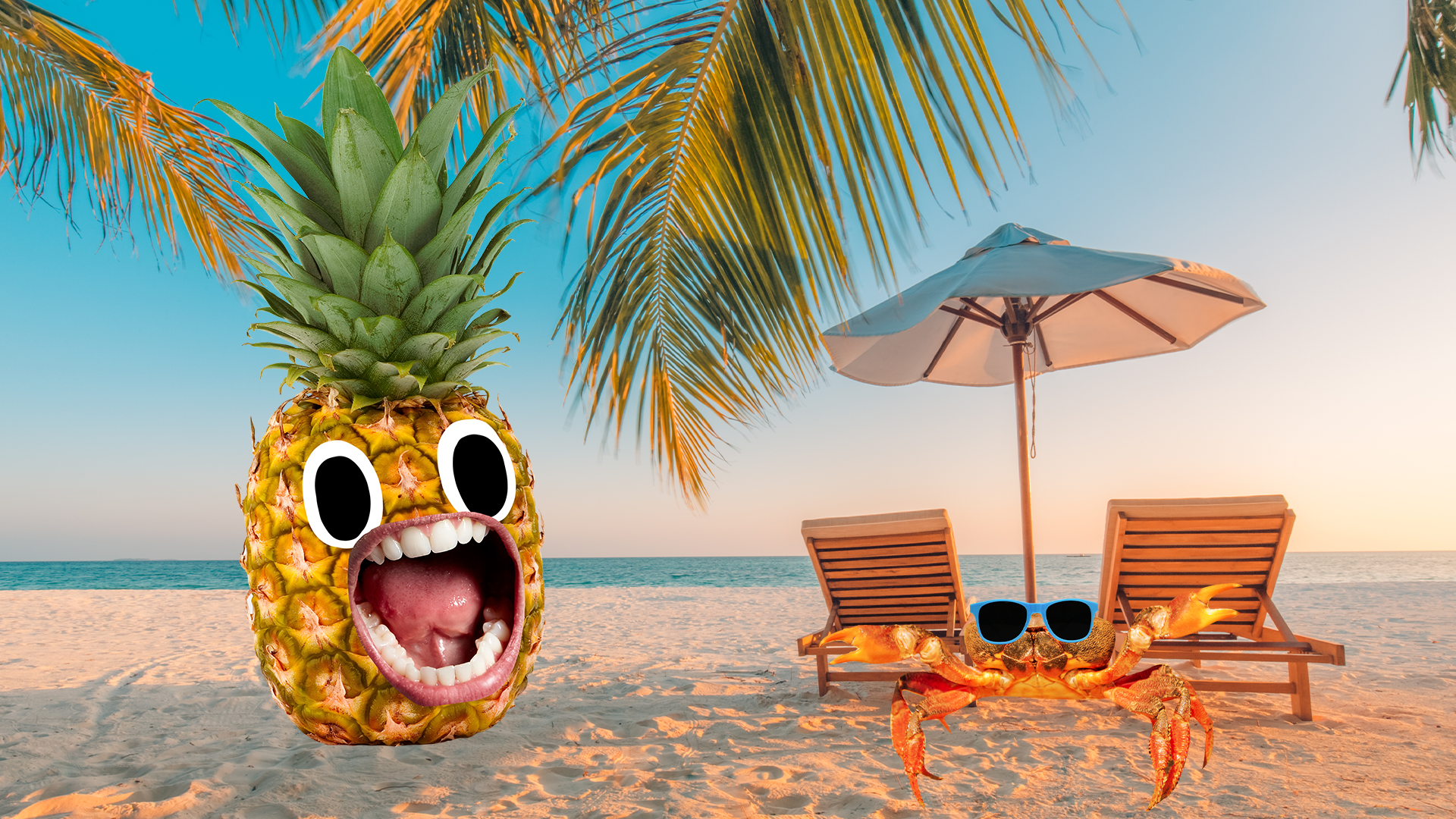 Beano crab and pineapple on tropical beach