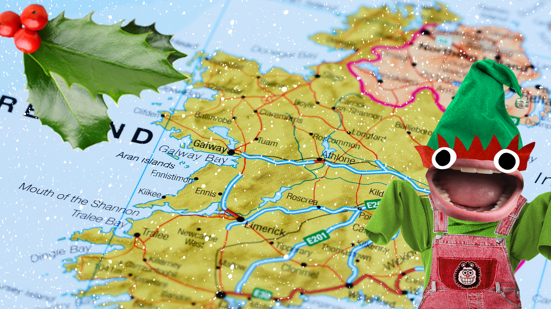 Map of Ireland with snow, elf and holly