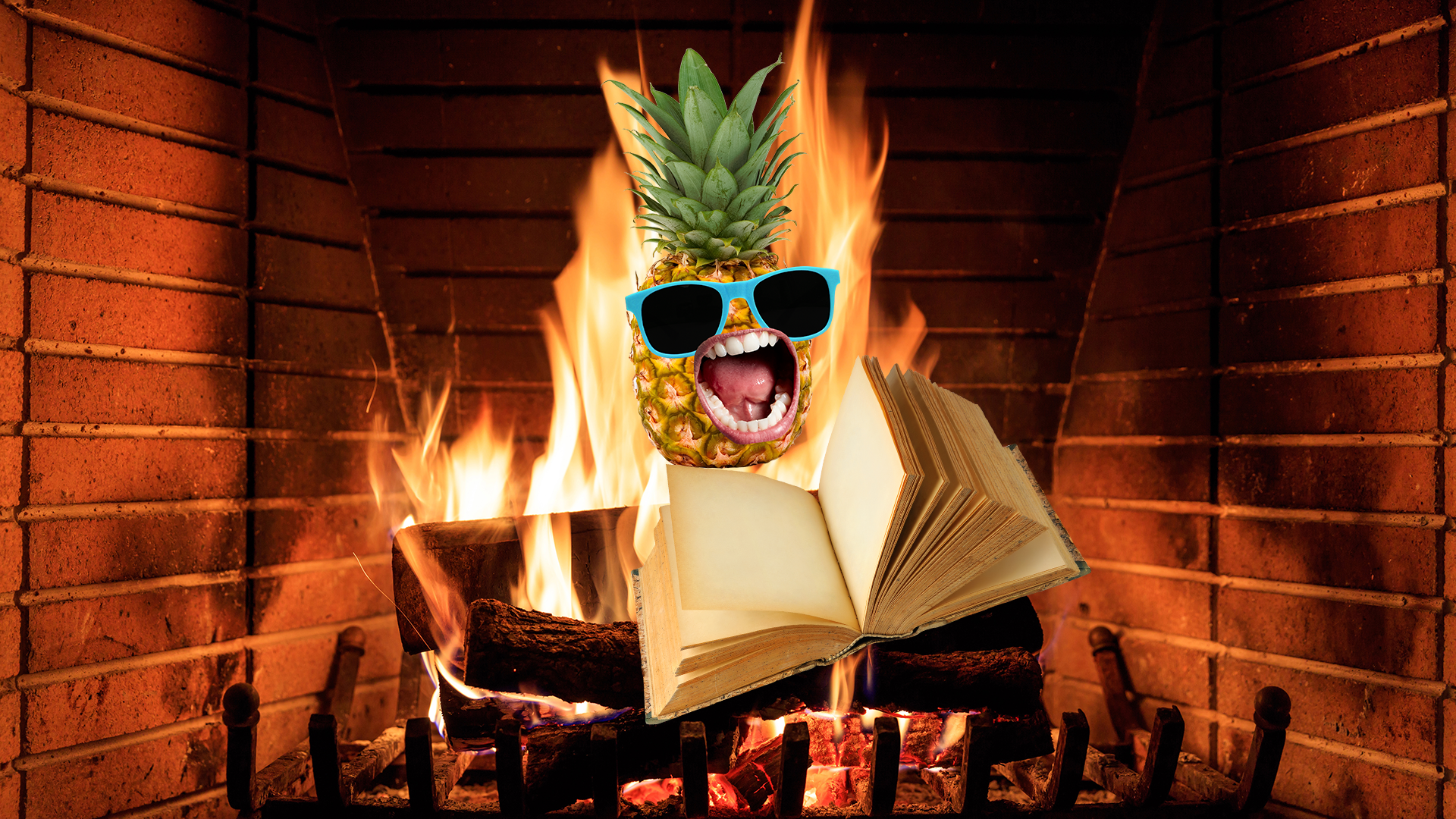 Book and pineapple in fireplace 