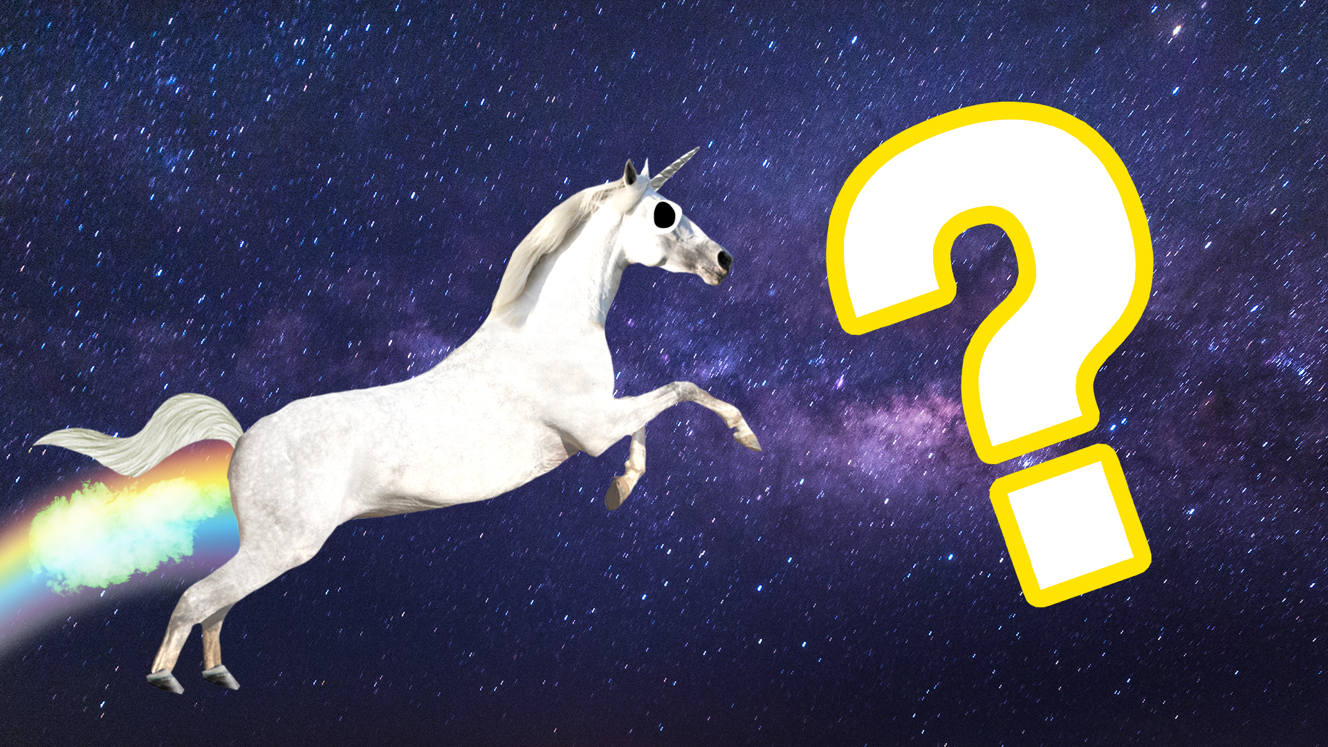 Unicorn on starry background with question mark