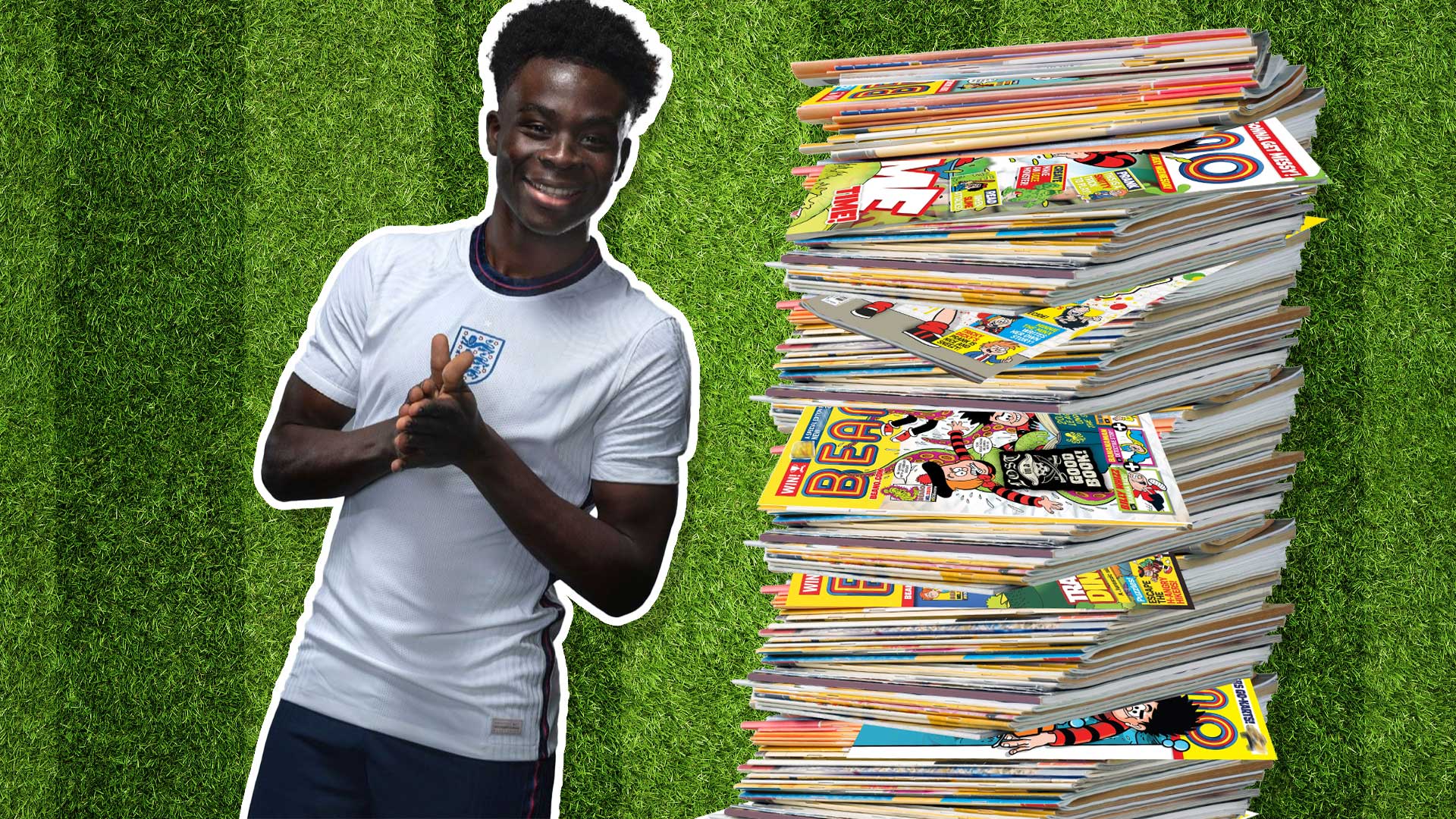 Bukayo Saka next to a pile of comics