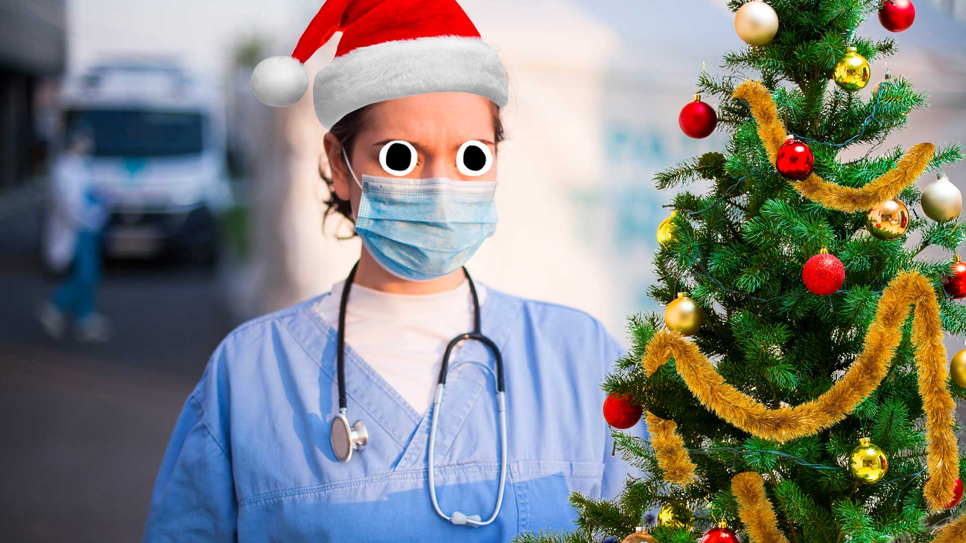 A nurse wearing a Christmas hat