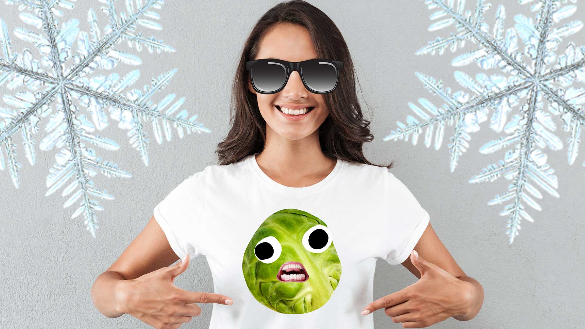 A woman wearing a Brussels sprout t-shirt