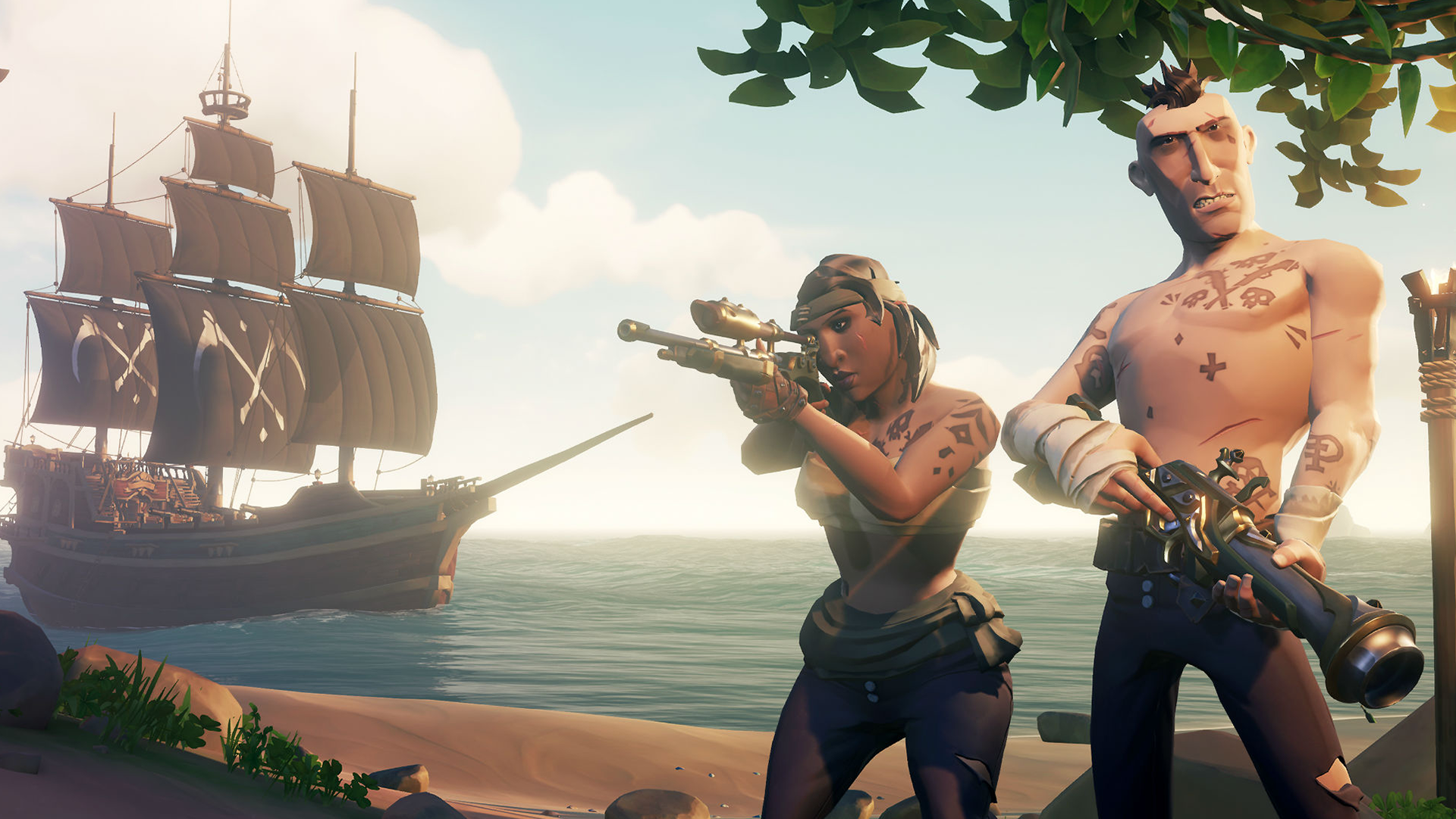 Two pirates in front of a pirate ship