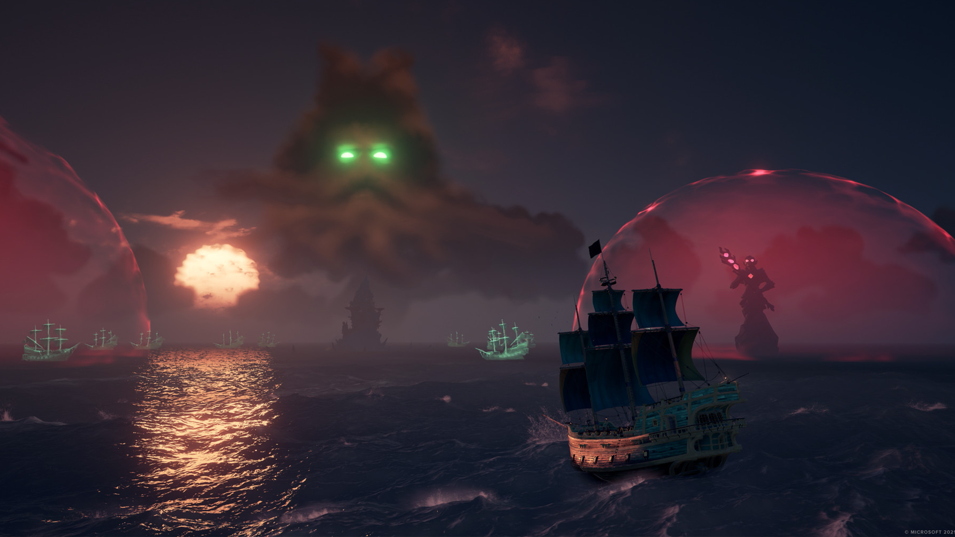 Sea of Thieves gameplay - Pirate ship in front of explosions