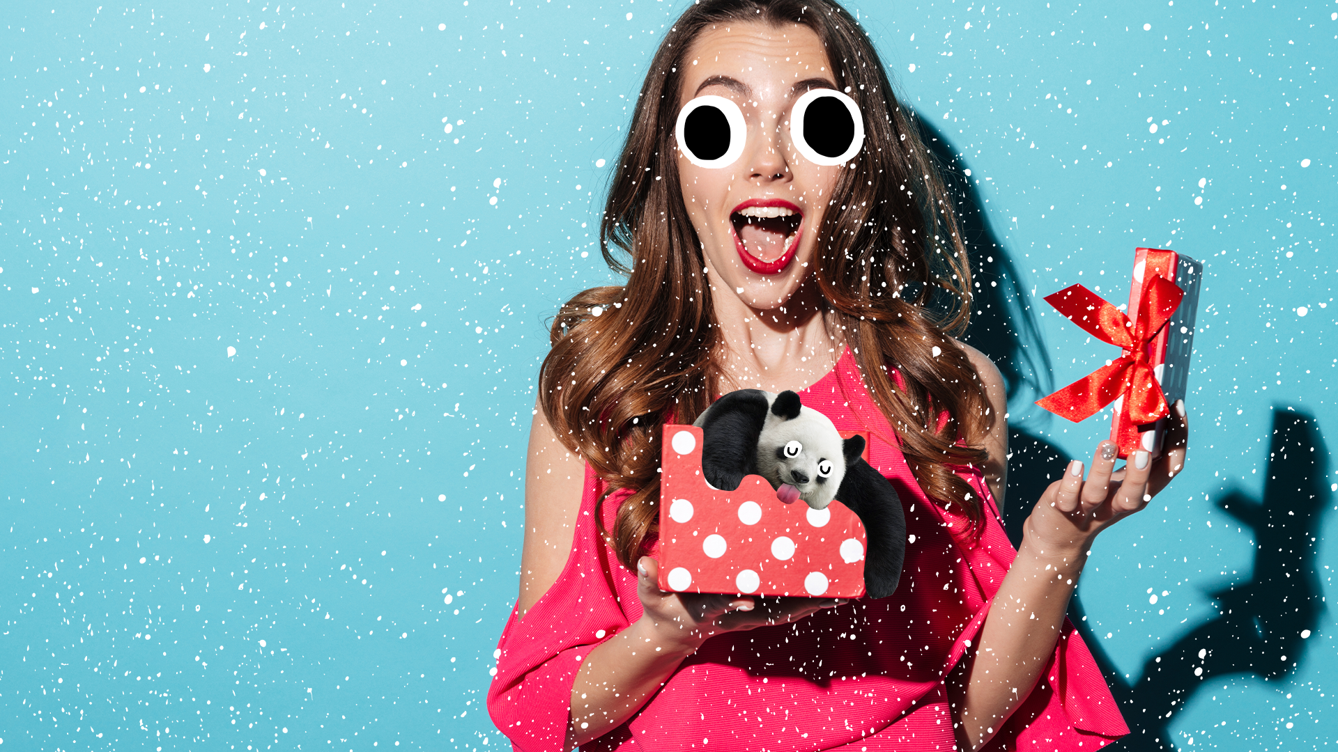 Woman opening gift on blue background with snow and Beano panda
