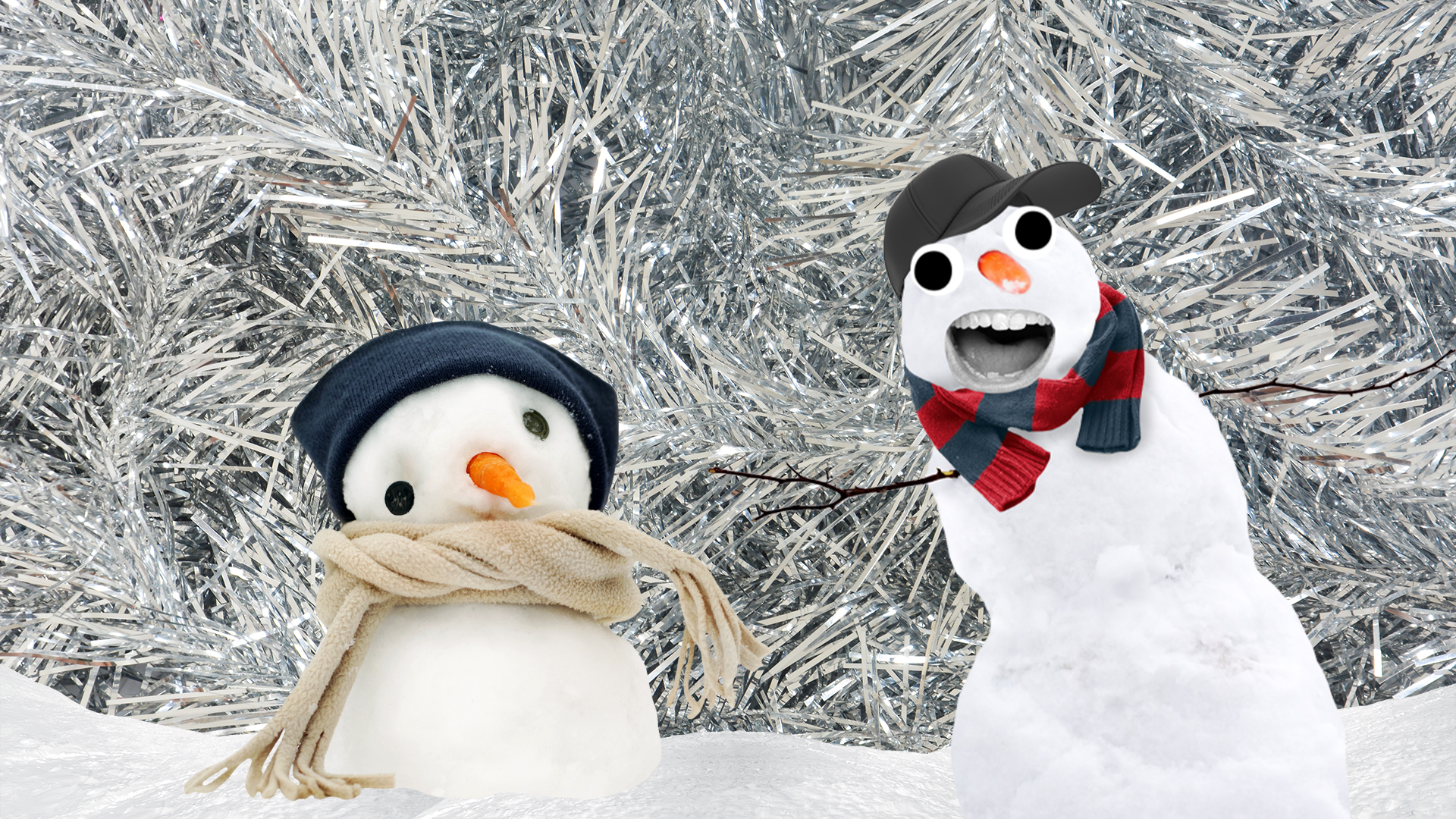 Beano snowmen on snowy tinsel background