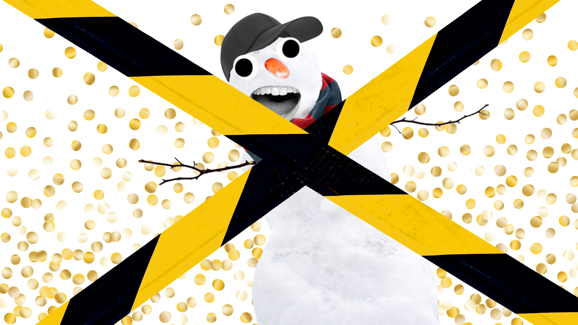Beano snowman on glitter background with hazard tape