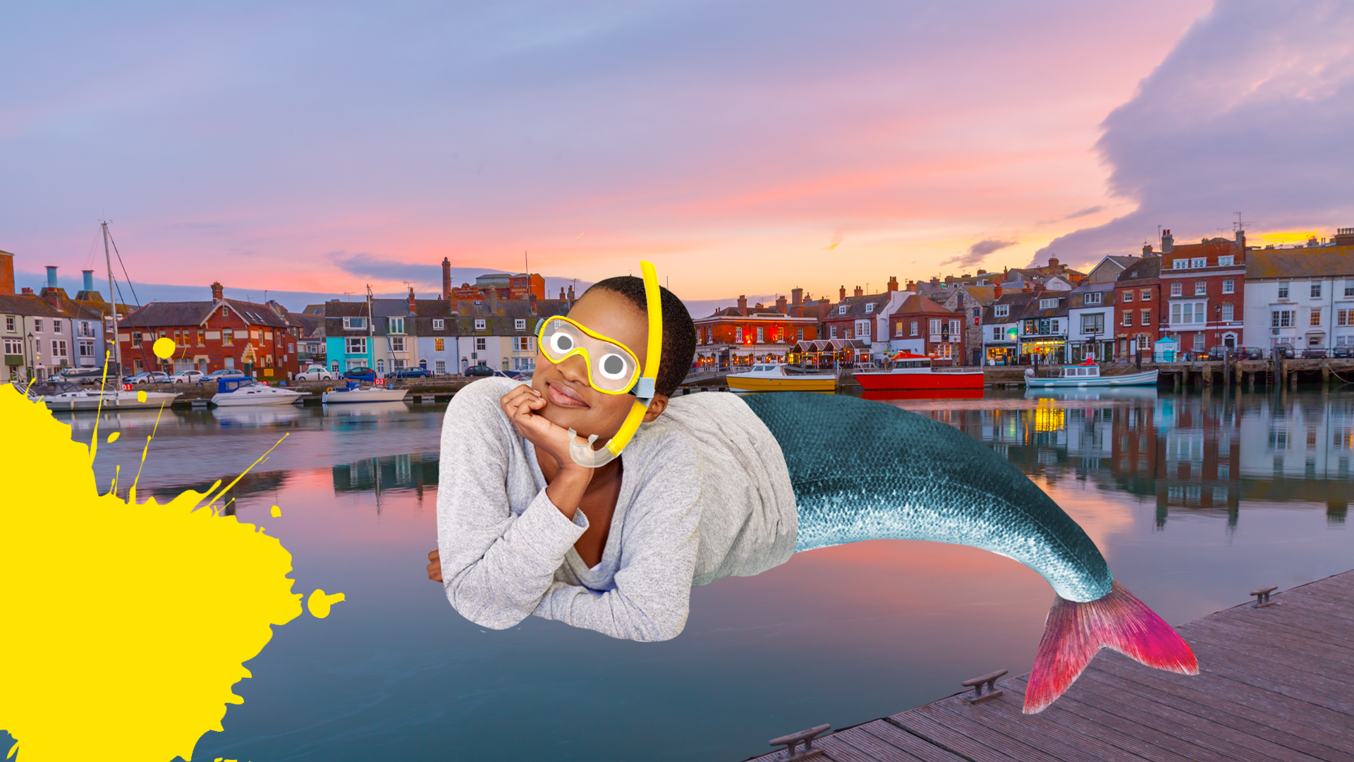 Weymouth harbour with Beano splat and mermaid 