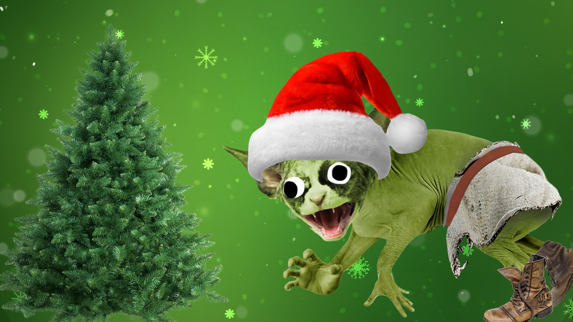 Beano goblin in Santa hat with xmas tree on green Christmas background