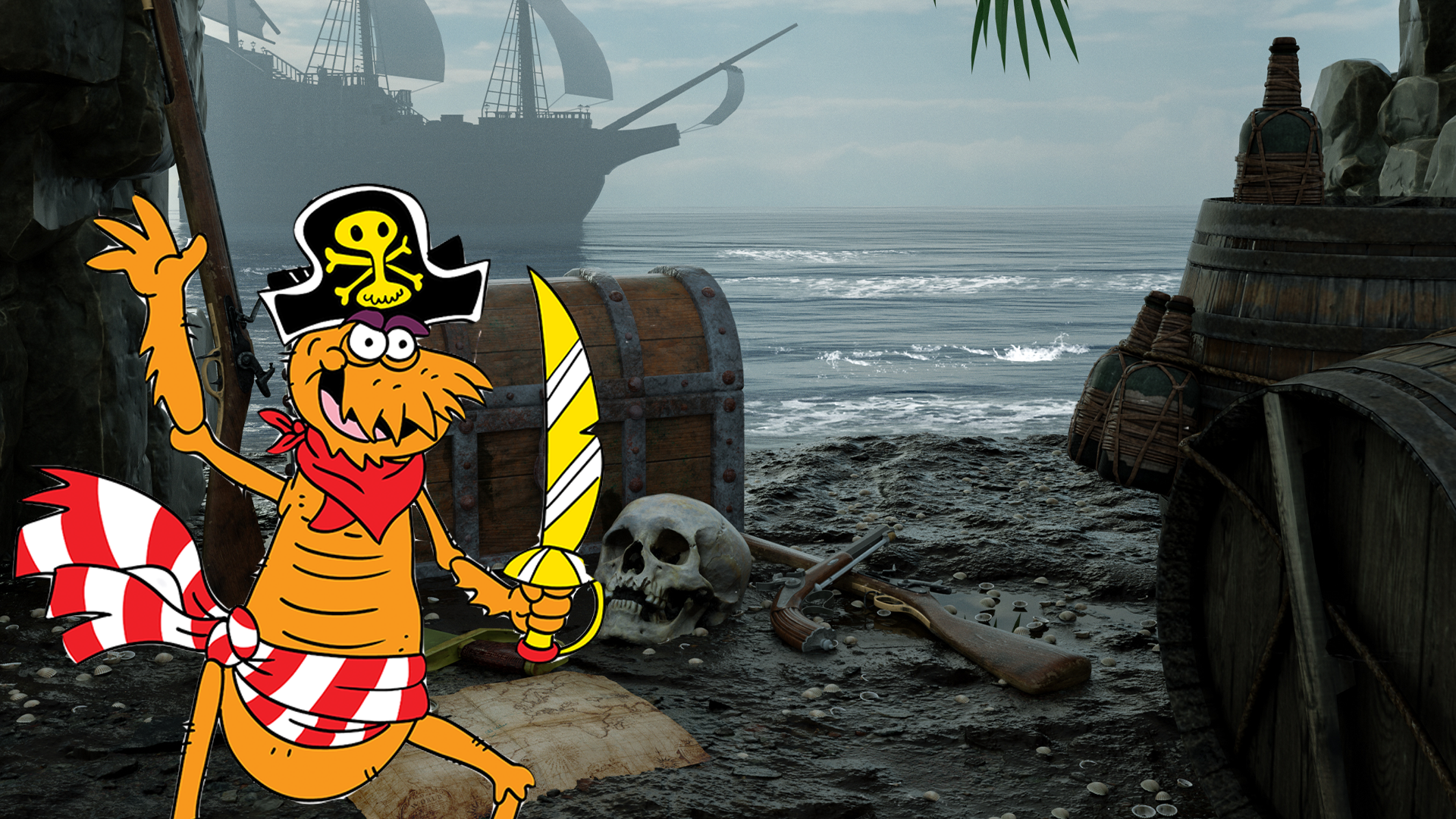 Pirate scene with pirate ship and pirate flea 