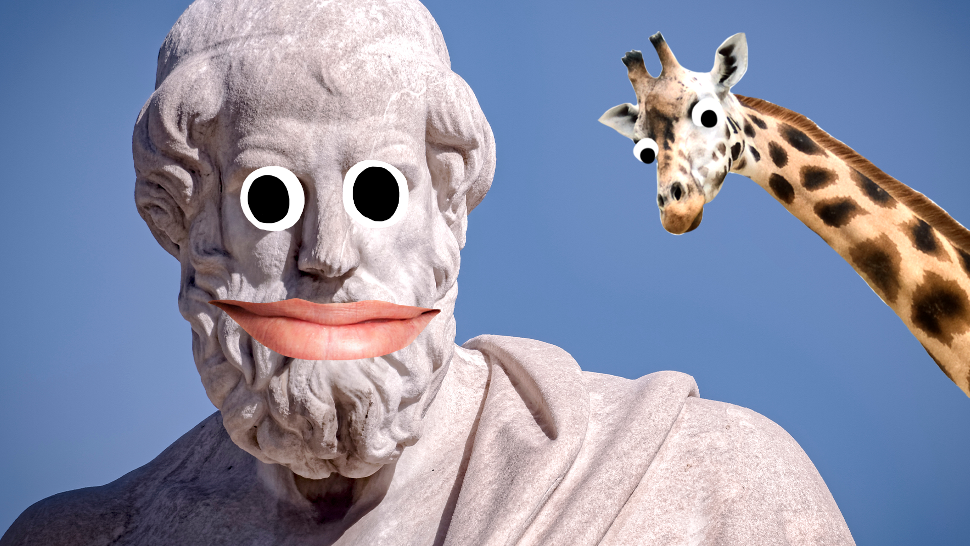 Ancient Greek statue with Beano face and giraffe