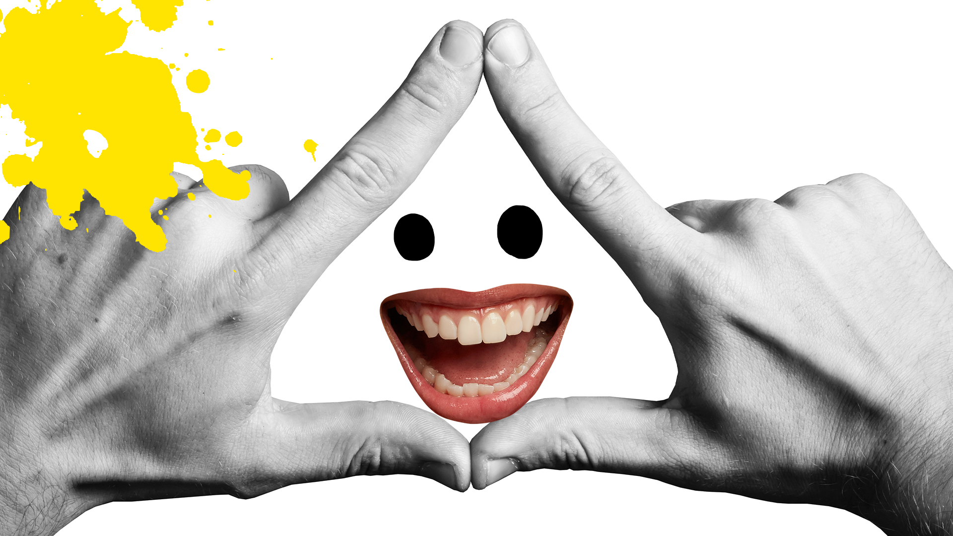 Hands making triangle sign with goofy Beano face and yellow splat 