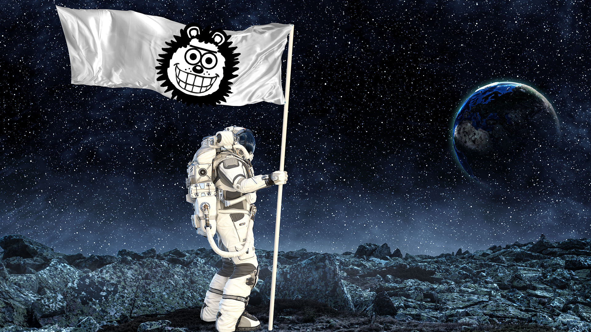 Astronaut planting Gnasher flag on moon