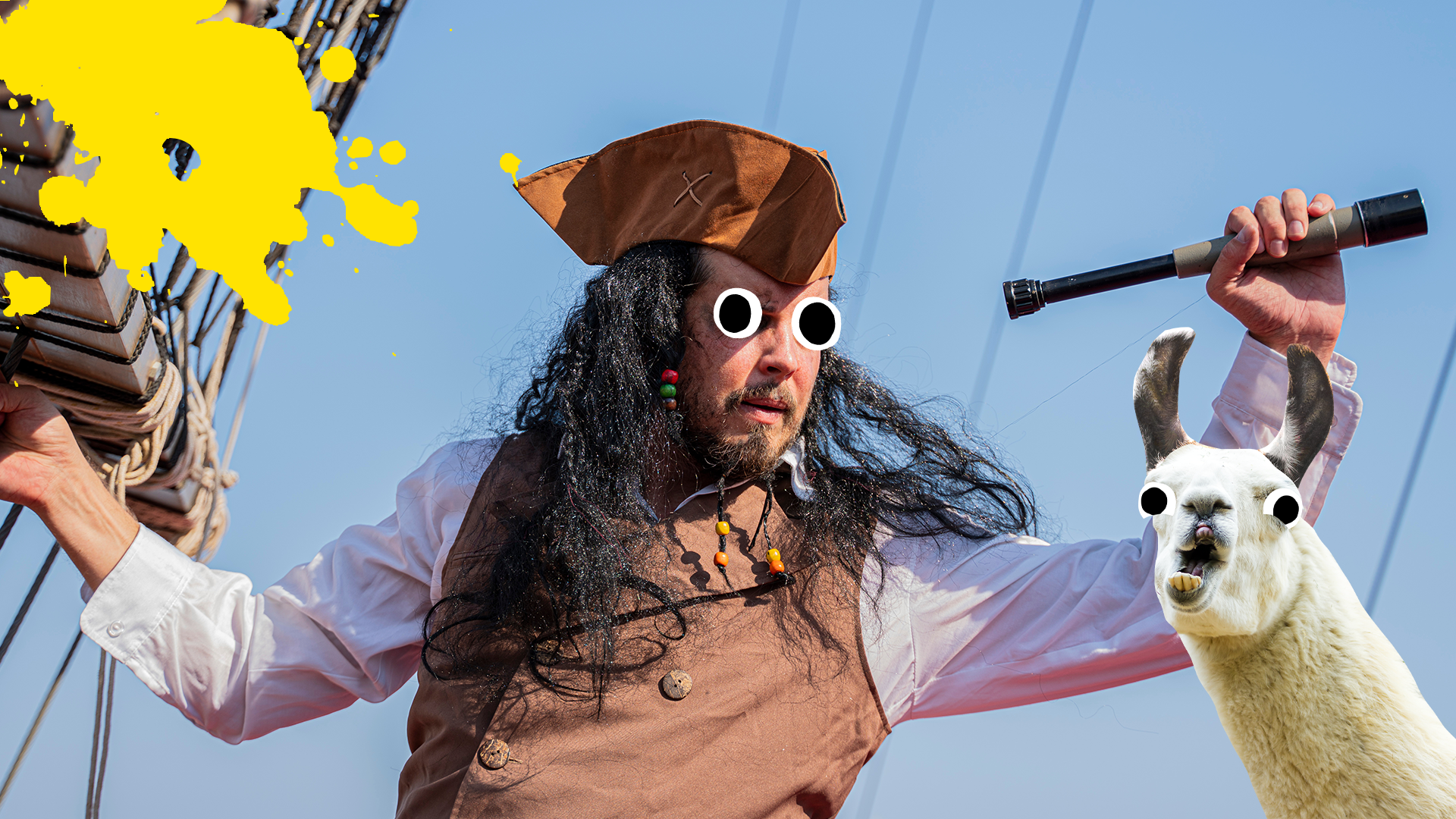 Pirate in rigging with splat and llama 