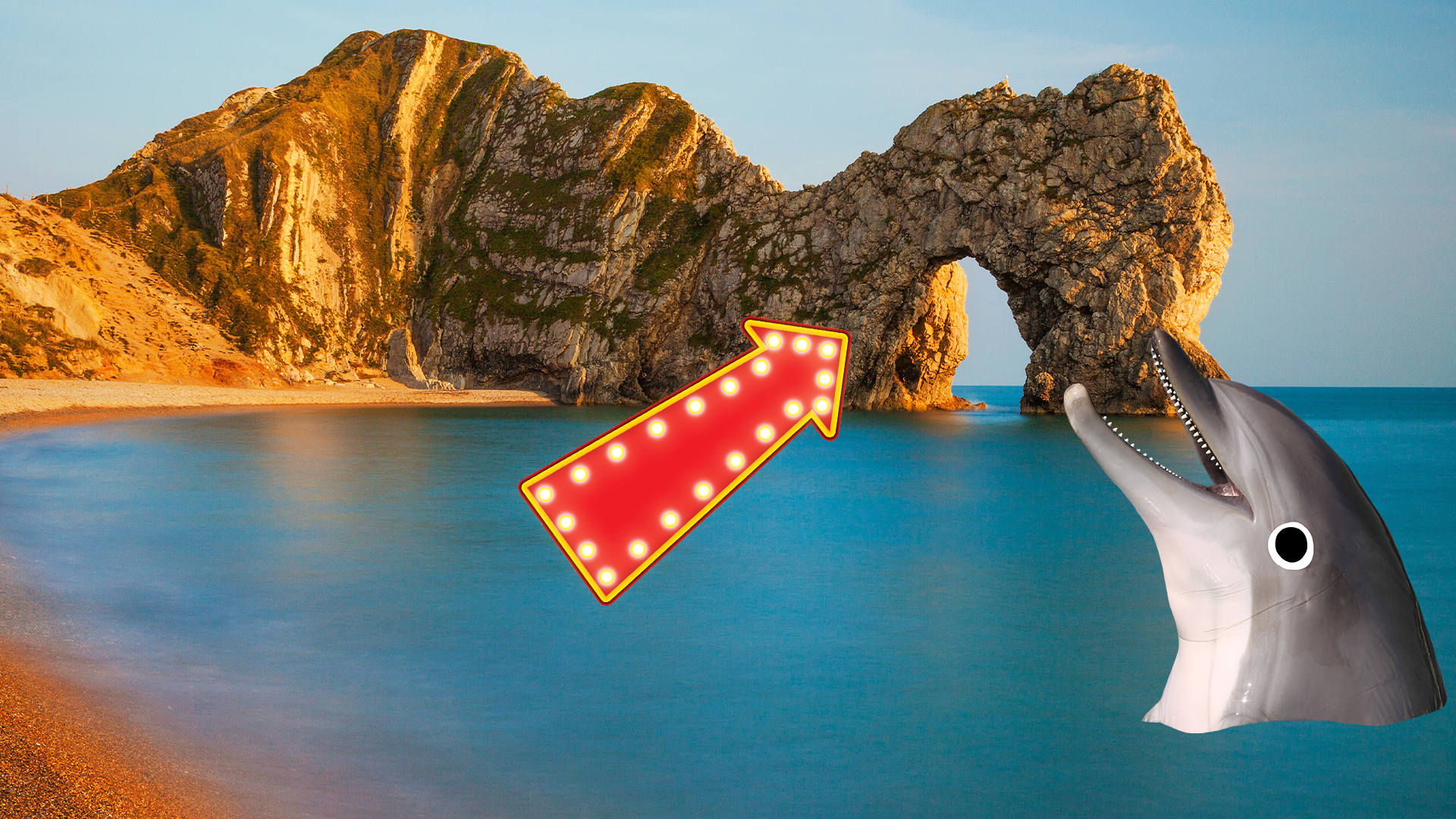 Durdle door with Beano dolphin and arrow 