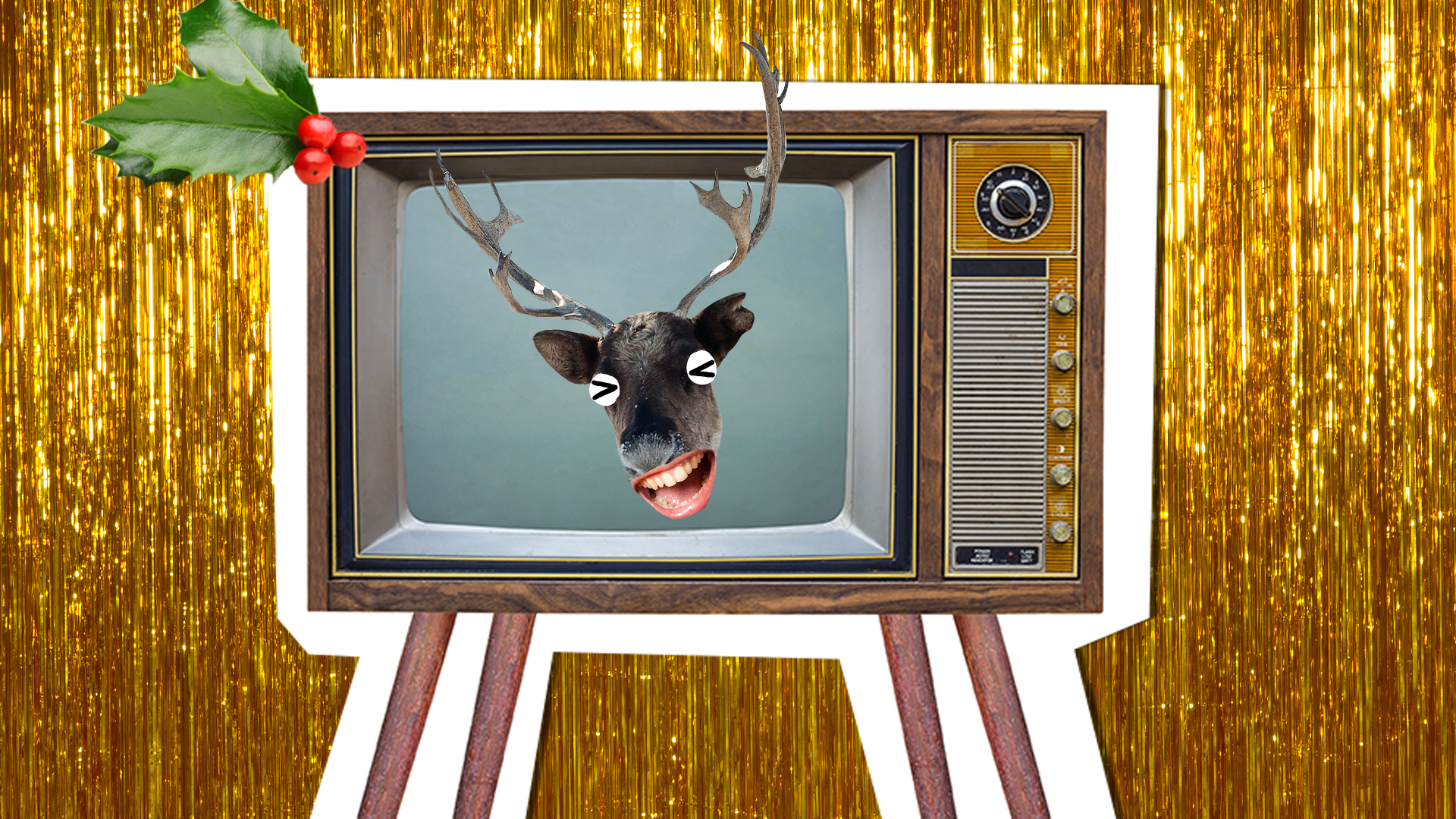 TV with Beano reindeer head on tinsel background 
