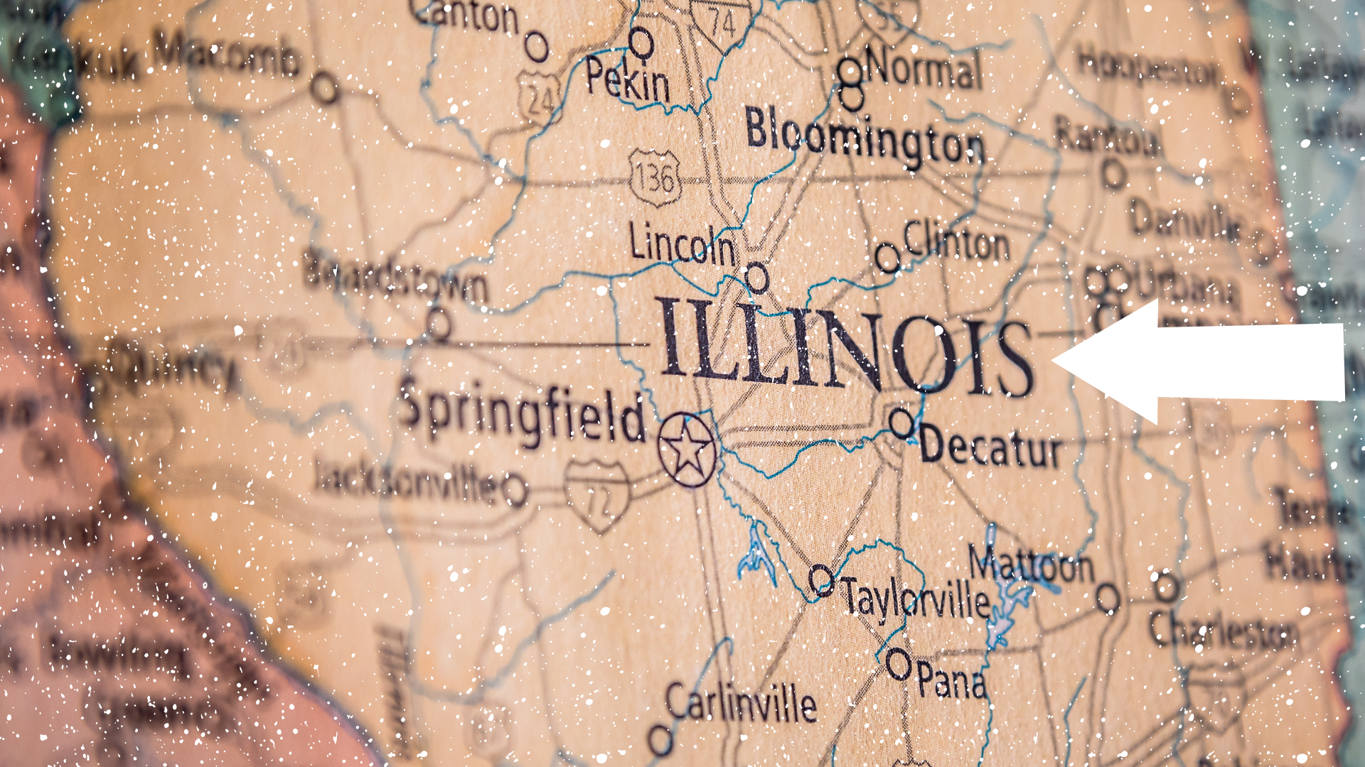 Map of Illinois with snow and an arrow