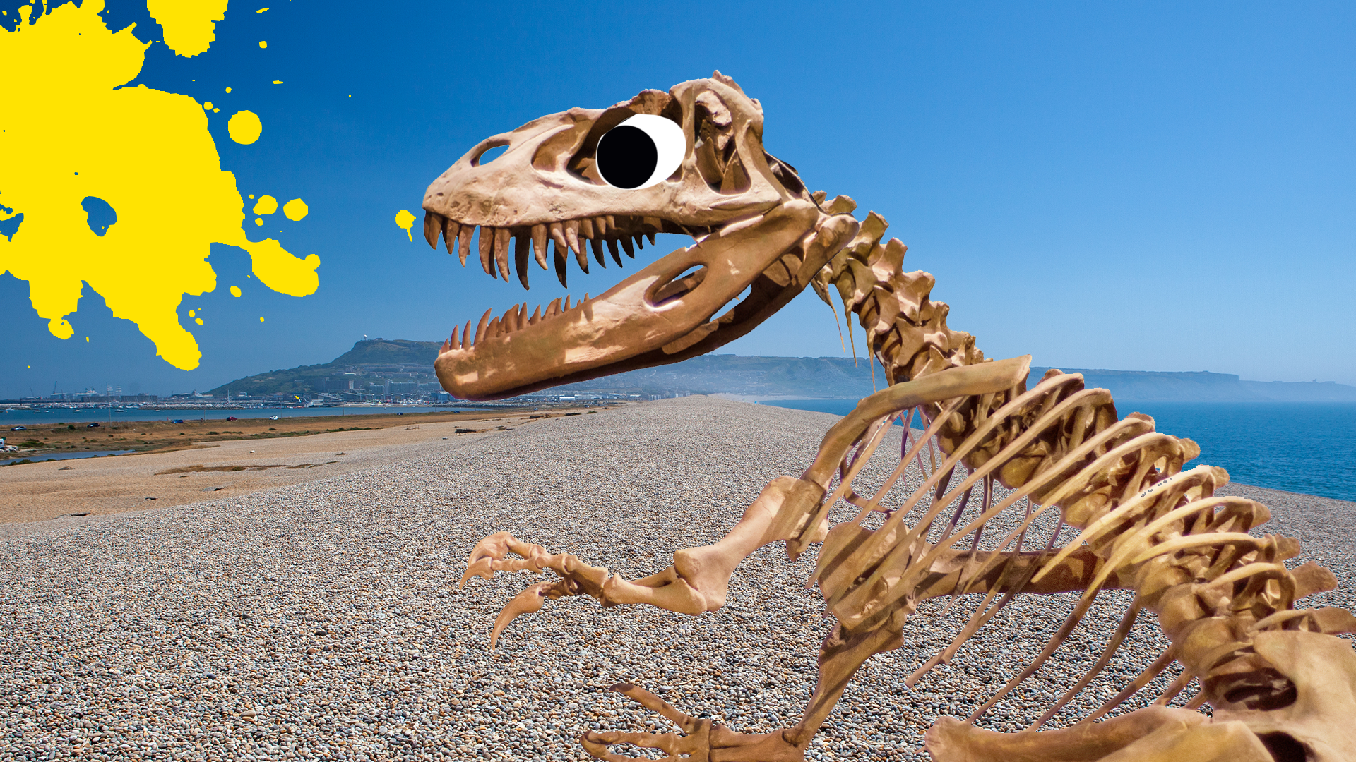 Chesil beach with yellow splat and Beano dinosaur skeleton