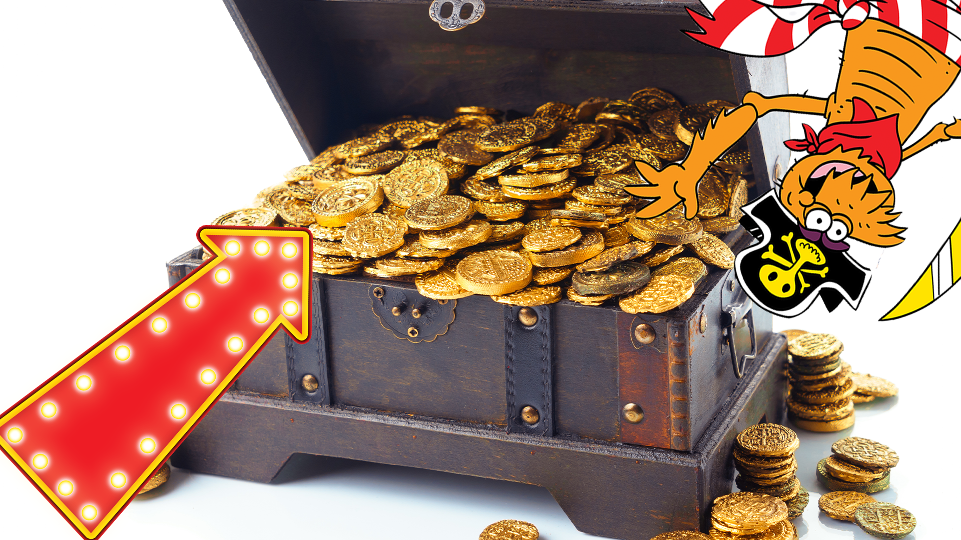 Treasure chest filled with coins with arrow and flea 