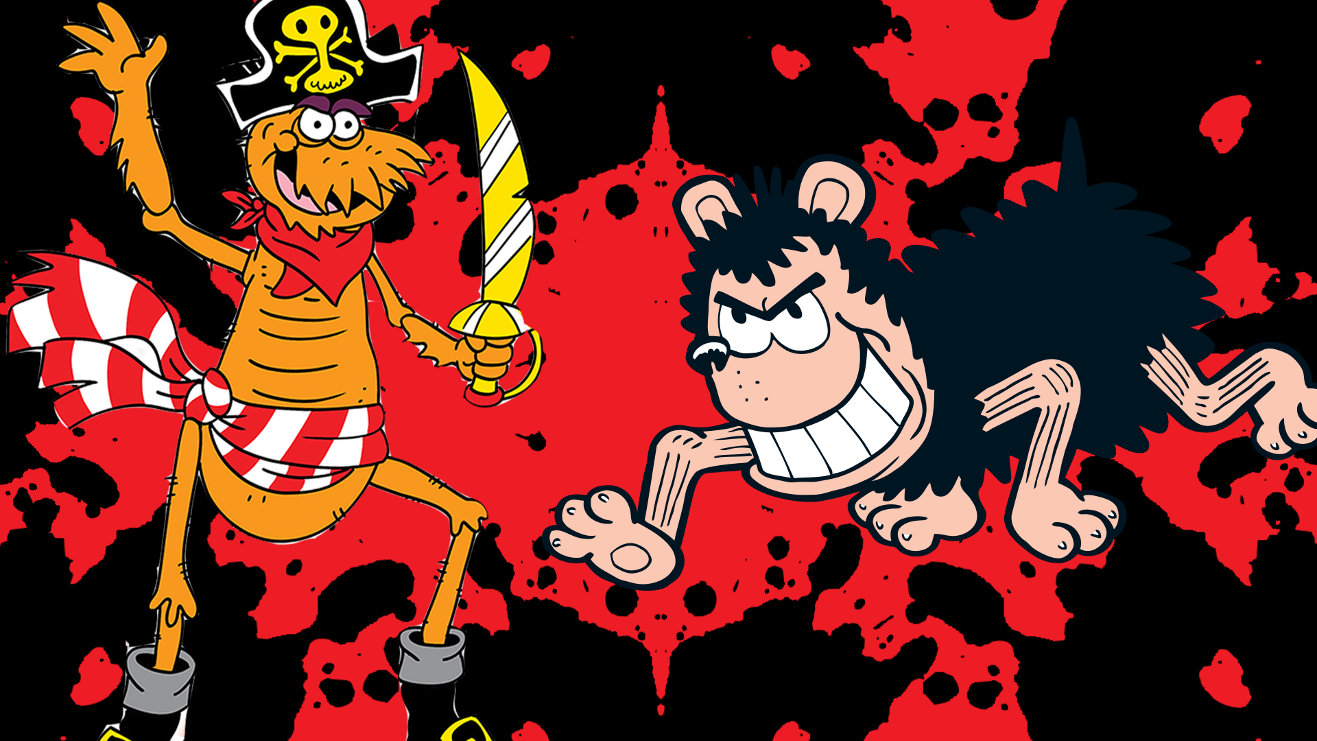 Gnasher and flea on red and black background