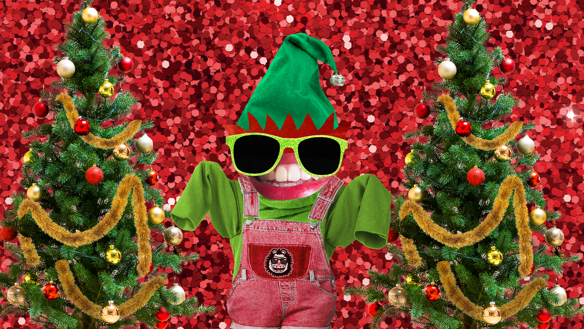 Beano elf with Christmas trees on glittery background 
