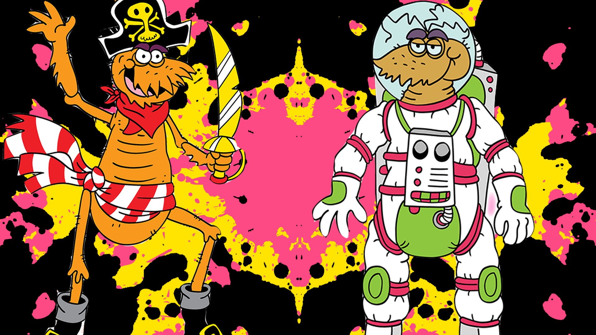 Space flea and pirate flea on splodge background