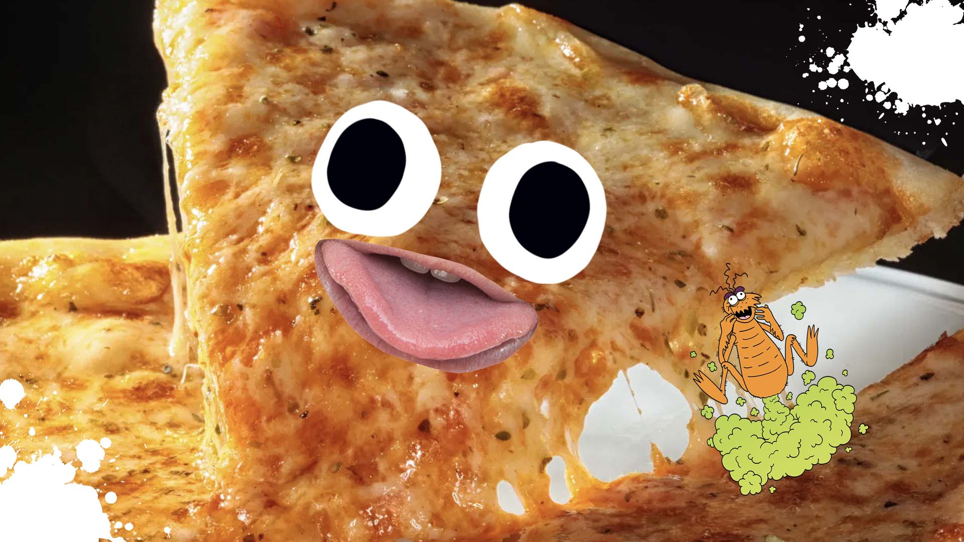 A stink flea looking at a tasty pizza