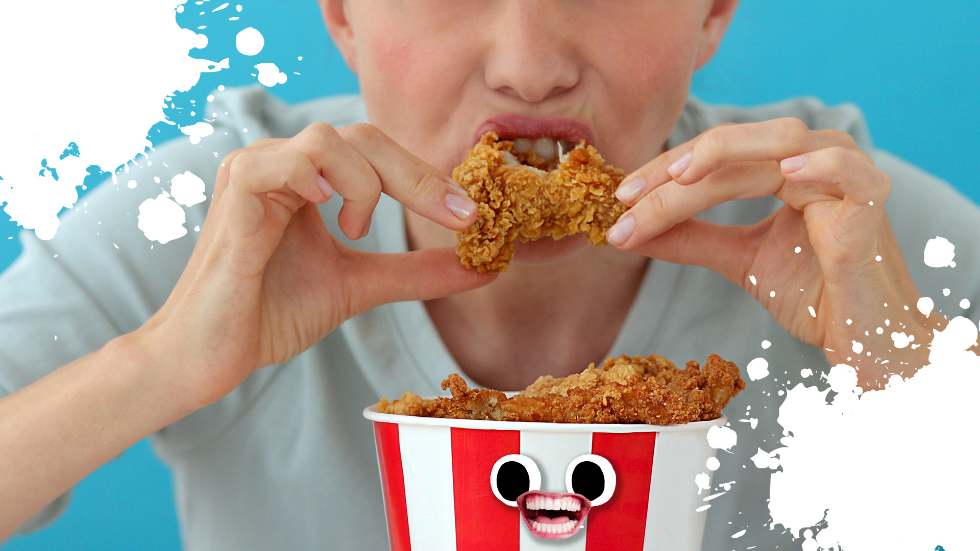 A person tucking into a bucket of fried chicken