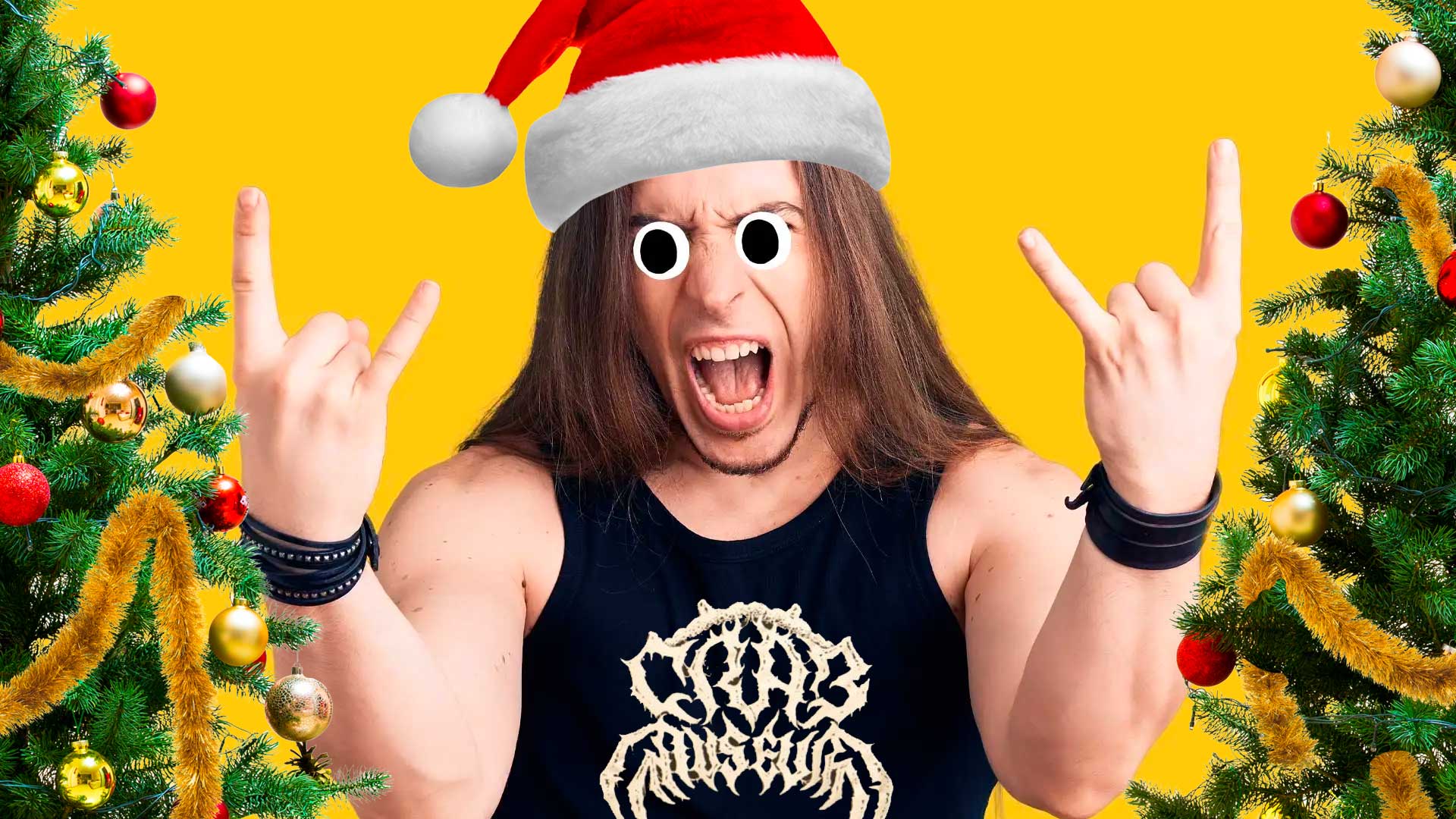 A heavy metal fan having a lovely festive time