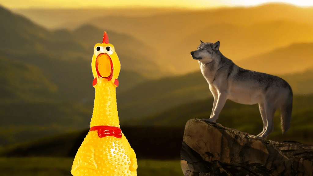 Rubber chicken and wolf