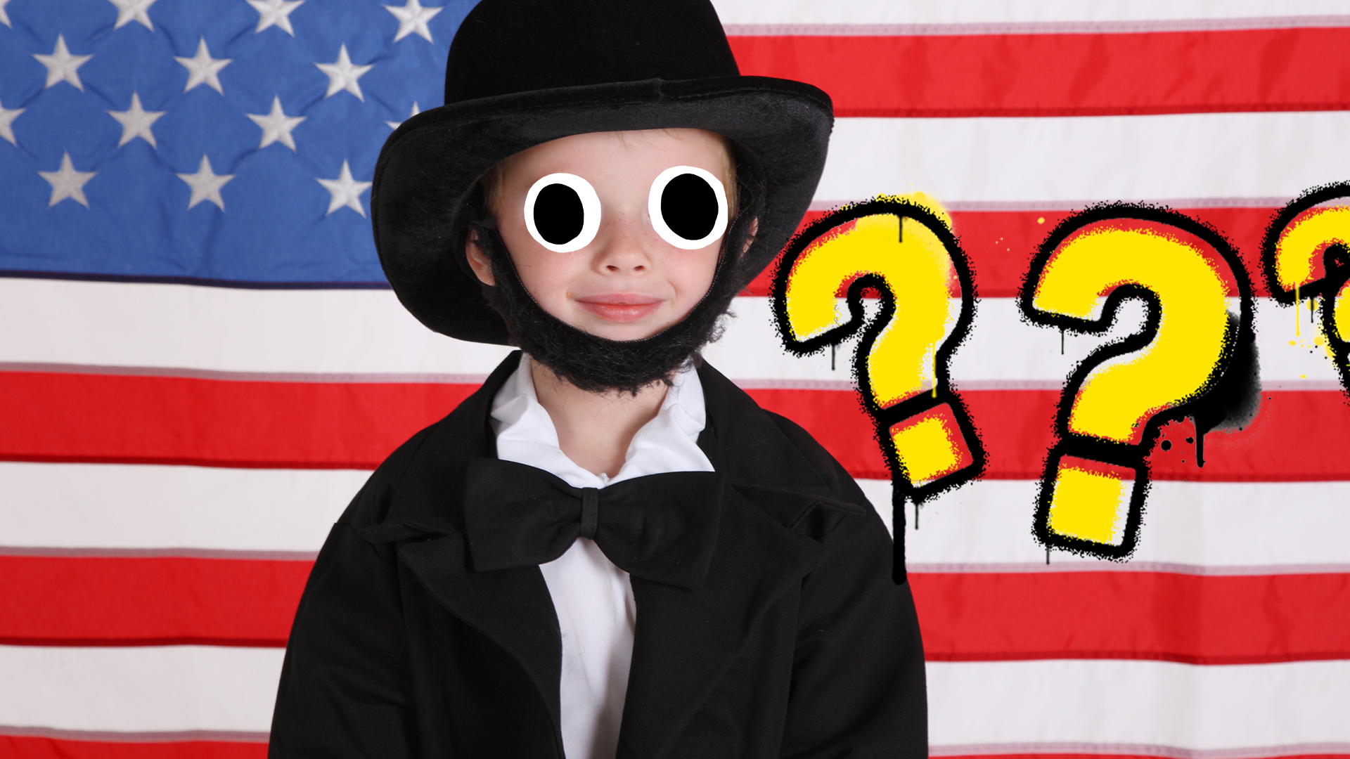 Boy dressed as president with flag and question marks
