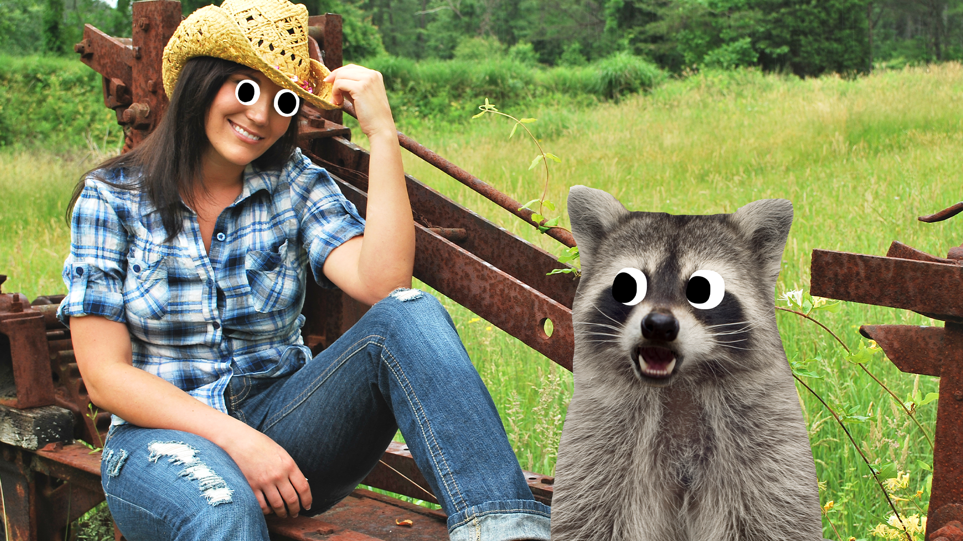 Woman in cowboy hat with Beano racoon 