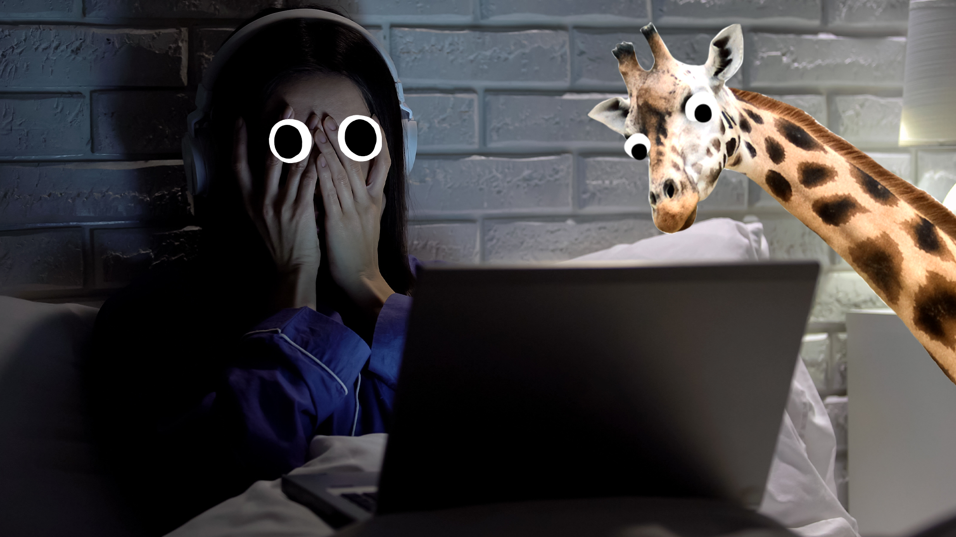 Scared woman looking at laptop with derpy giraffe