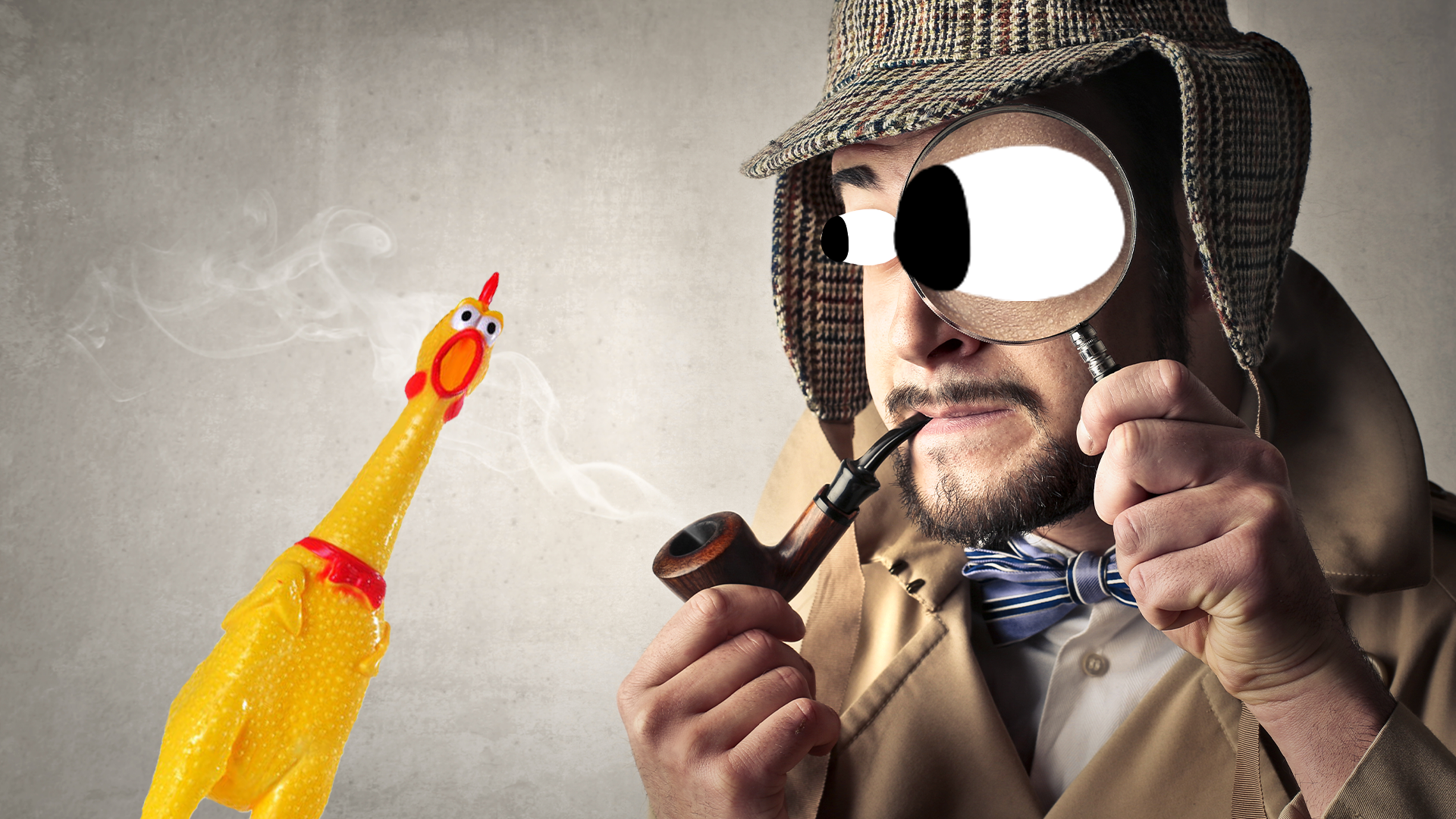 Detective looking through magnifying glass with rubber chicken