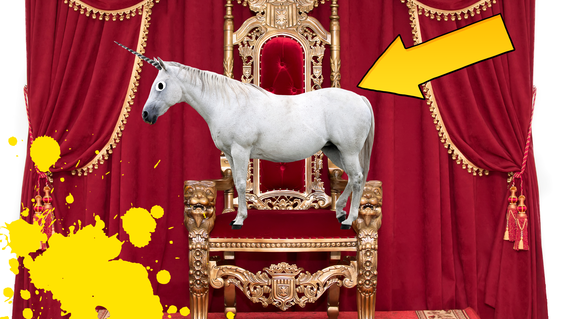 Unicorn on throne with arrow and yellow splats 