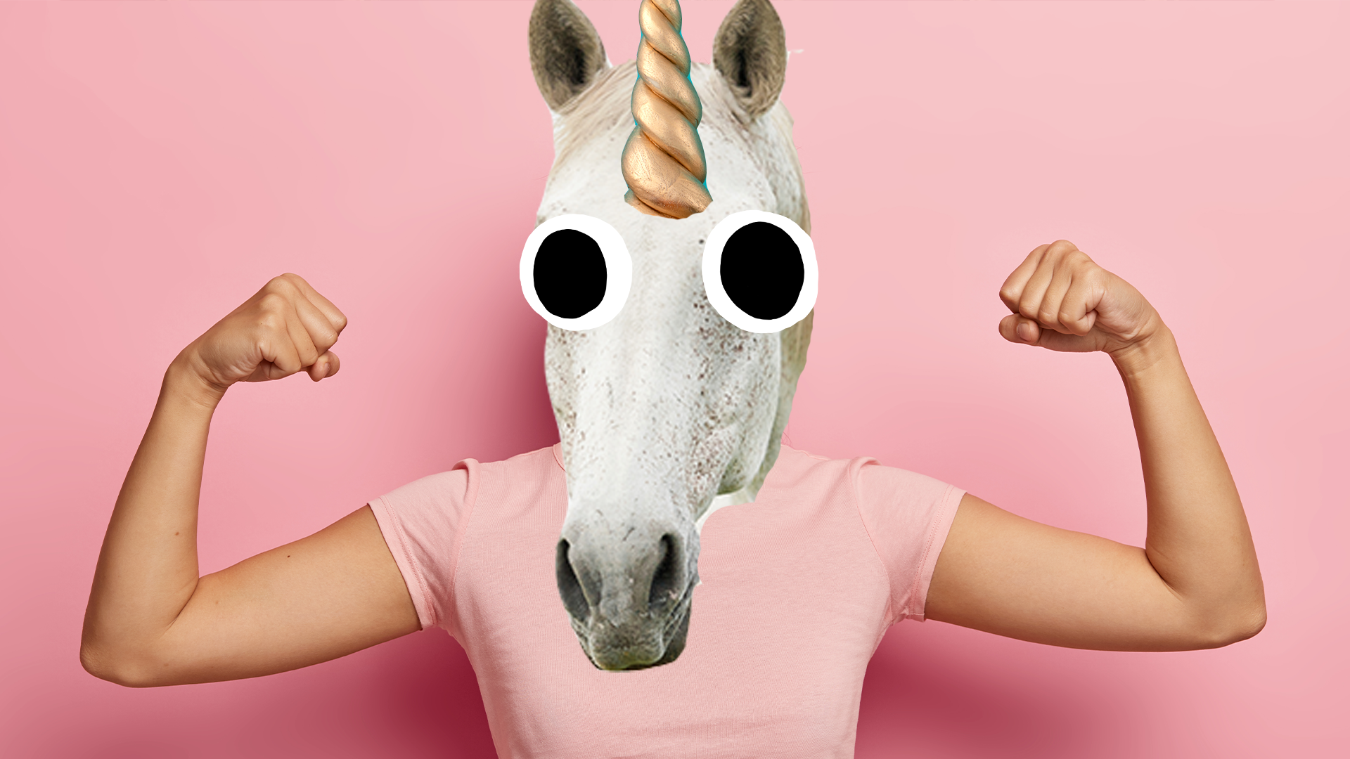 Unicorn woman looking strong on pink background
