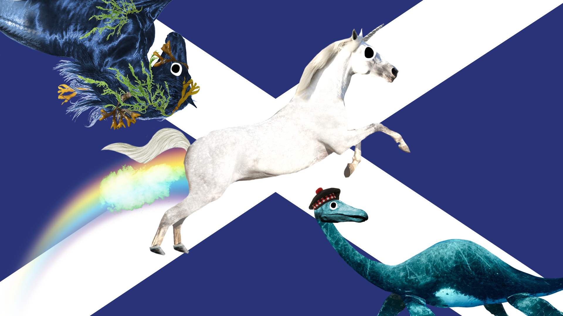Unicorn, Nessie and Kelpie on Saltire 