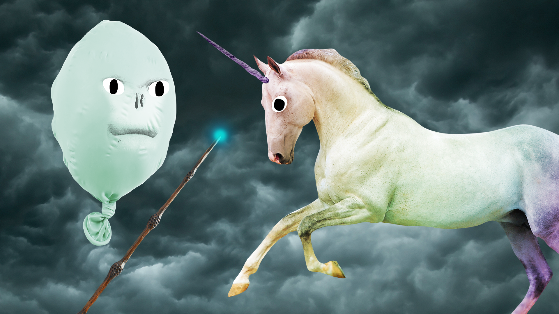 Unicorn with wand and Voldemort on stormy background