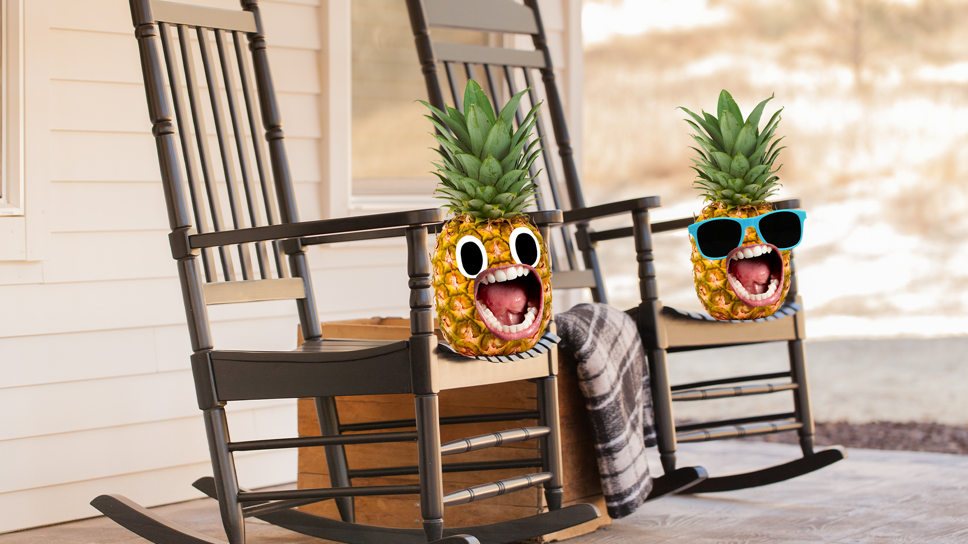 Two Beano pineapples sitting on rocking chairs