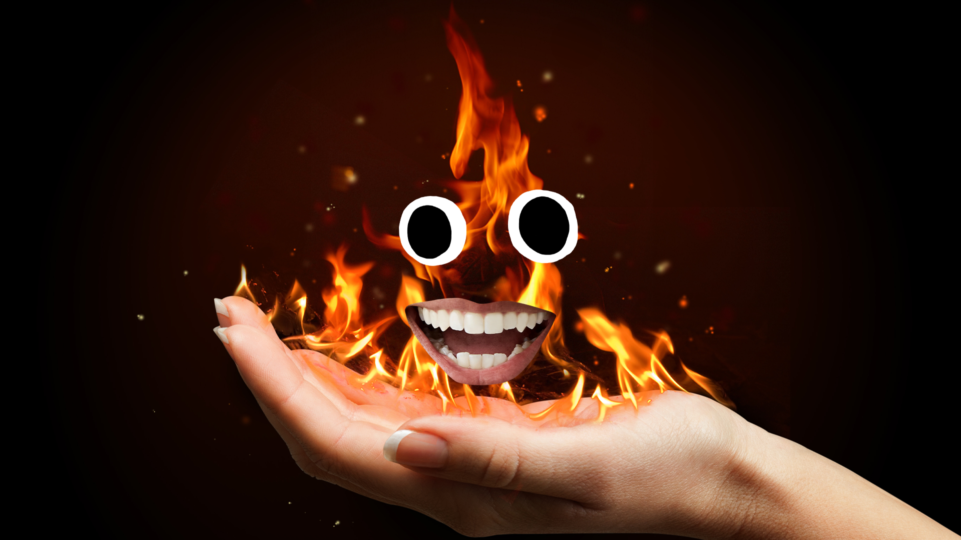 Fire with face in someone's hand