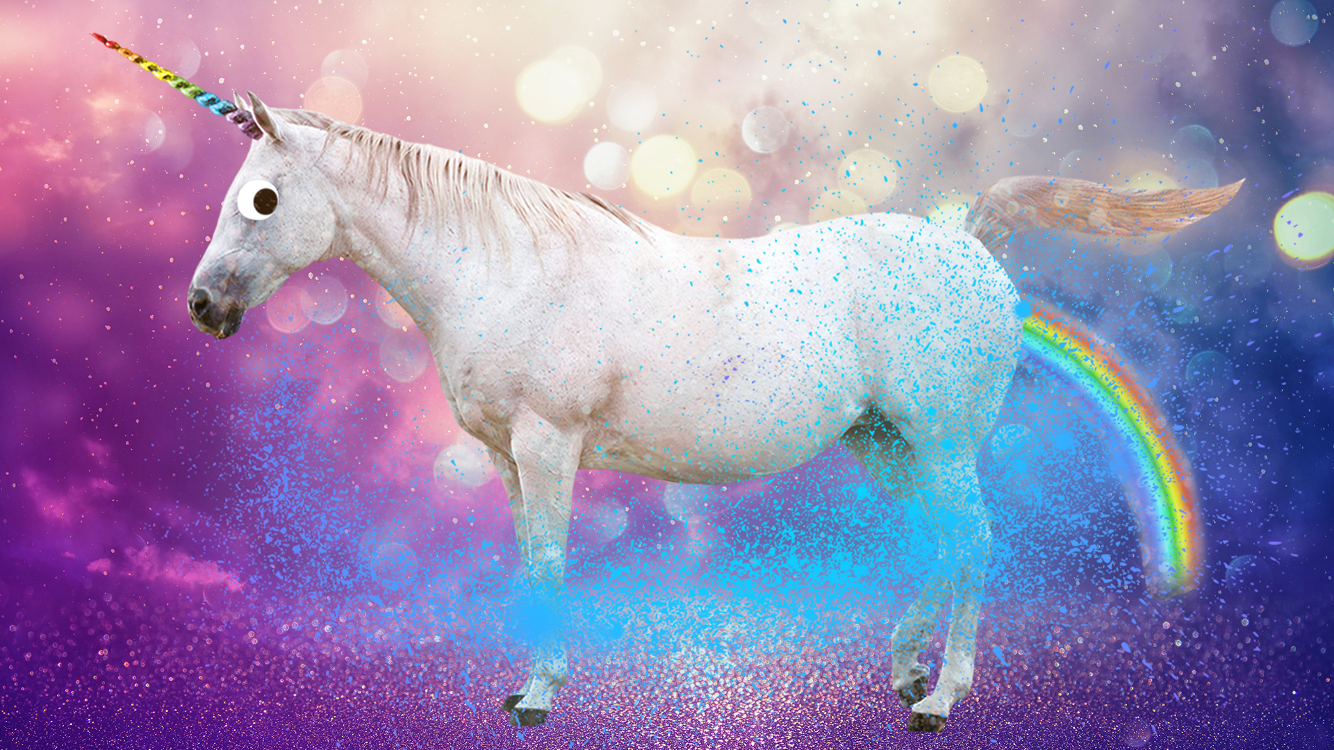 Rainbow farting unicorn on sparkle background